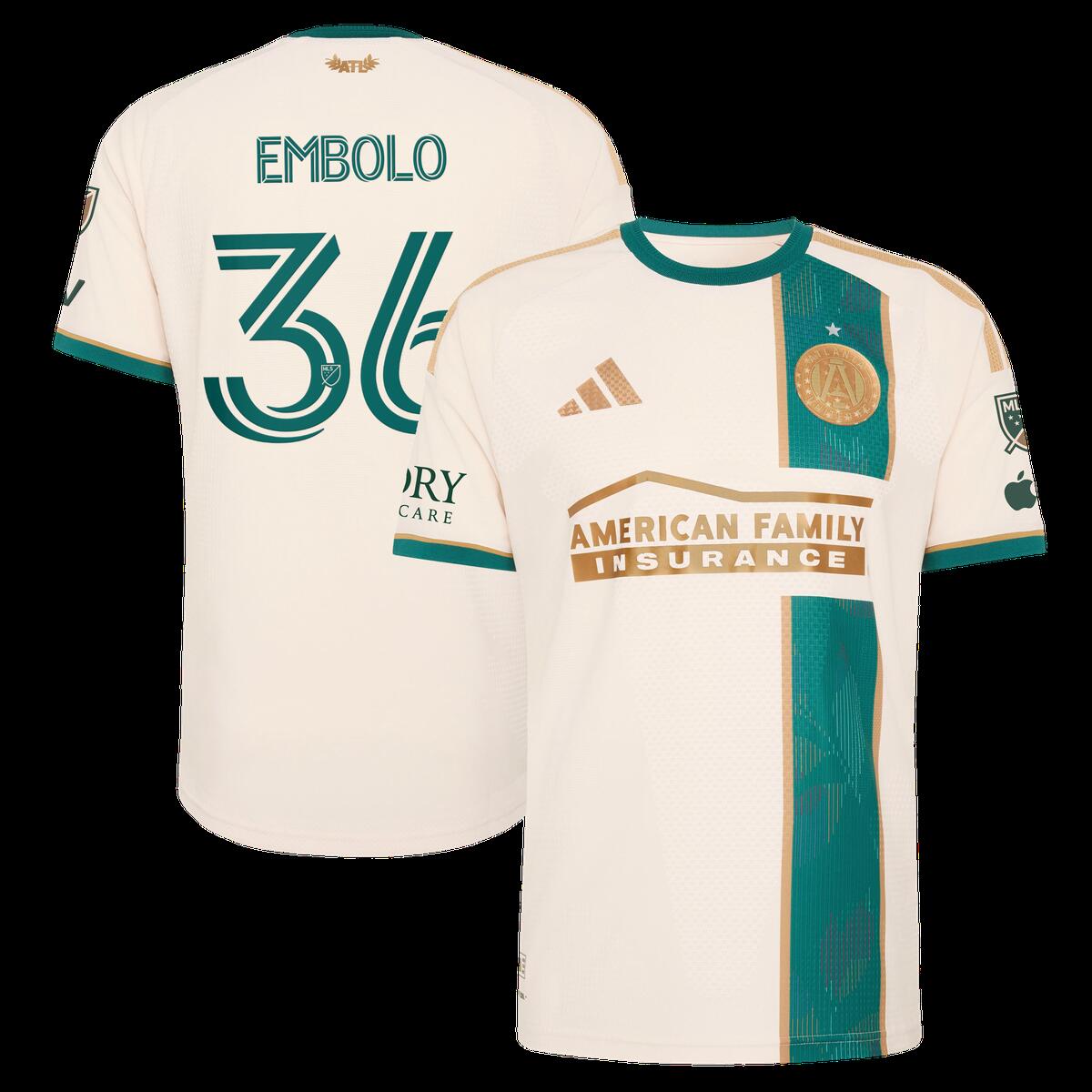 Capture the spirit of the 1996 Summer Olympics in Atlanta with this Atlanta United FC Breel Embolo On-Field Authentic Patch Jersey from adidas. Honoring the year Atlanta hosted the Olympic Games, this Spirit of '96 jersey features Olympic-inspired details such as a golden Atlanta United FC crest on the chest and a team wordmark on the back neck bordered by laurels. Truly decked with Olympic heritage, you'll be ready to step onto the podium with Atlanta United FC this season.ImportedMaterial: 100% Recycled PolyesterMachine wash cold with like colors,inside out. Gentle cycle. Line dry.Jersey Color Style: SecondaryOfficially licensedBrand: adidasRubberized club crestMLS patch on left sleeveClimacool+ represents adidas' best cooling innovation, featuring materials that wick and manage sweat quicklyAuthenticShort sleeveMLS Authentic Jersey: Worn by the top players on the field, delivering pro-grade comfort with premium fabrics and precise detailingRib-knit flat collarSoft, lightweight knit constructionHeat-transfer sponsor, player name and numbersVentilated 3-Stripes shoulder panelsSlim Fit: Designed to fit close to your body