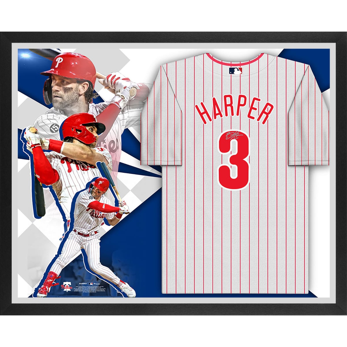 Take your Philadelphia Phillies memorabilia collection to another level with this Bryce Harper Framed White Nike Replica Jersey Collage. It features a hand-signed autograph by the 2021 National League MVP. Harper was a five-tool prospect drafted first overall by the Washington Nationals, and he quickly made his mark on the game. He won NL Rookie of the Year and was selected to the MLB All-Star Game in 2012. In his second season, he became the youngest player (at 20 years old) since Ken Griffey Jr. to start in the All-Star exhibition. Since then, Harper has added two MVP titles along with two Silver Slugger awards and two NL Hank Aaron Awards, all for his 2015 and 2021 seasons. There's no better way to show your Bryce Harper fandom than with this framed jersey collage.Obtained under the auspices of the Major League Baseball Authentication Program and can be verified by its numbered hologram at MLB.comIncludes an individually numbered, tamper-evident hologramReady to hangSignature may varyOfficially licensedMeasures approx. 44'' x 36'' x 1.25''Hand-signed autographJersey size may varyAuthenticated with FanSecure technologyBrand: Fanatics Authentic