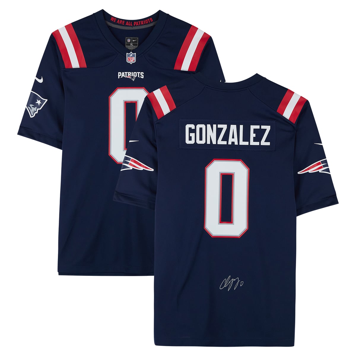 Add a display-worthy tribute to Christian Gonzalez and the New England Patriots to your collection with this Navy Nike Game Jersey. Hand-signed by Christian Gonzalez and featuring distinct team details, it offers an authentic keepsake worthy of a prominent place in any collection. Individually numbered, it includes a tamper-evident hologram featuring FanSecure technology that can be verified at fanatics.com/fansecure.Signature may varyBrand: Fanatics AuthenticOfficially licensedImportedIndividually numbered, tamper-evident hologram is authenticated with FanSecure technology and can be verified at fanatics.com/fansecure