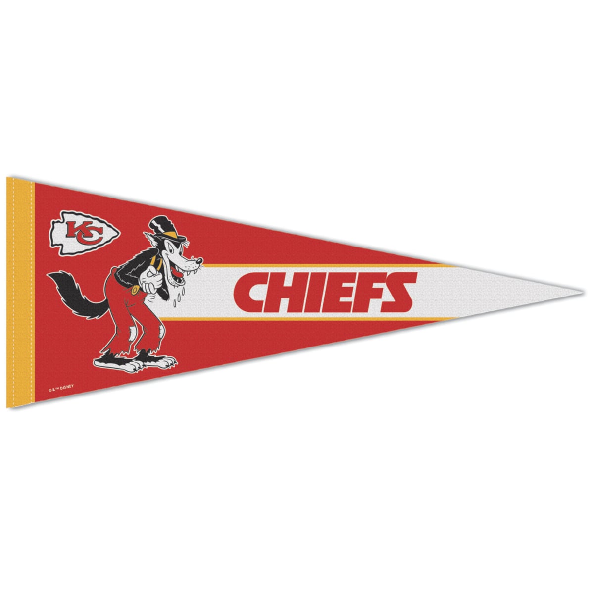He'll huff, he'll puff, and he'll fit right in at Kansas City. The Big Bad Wolf joins the wolfpack, bringing sly confidence and a whole lot of bravado to the gridiron. This Kansas City Chiefs Disney x NFL Collection 12" x 30" Premium Pennant howls onto a vintage-style graphic built on premium WinCraft construction. A nod to the team's Hall of Fame mascot in retro Disney style.Brand: WinCraftSingle-sided designMaterial: 100% FeltMade in the USASublimated graphicsRod sleeve for easy hangingOfficially licensedDimensions are approximately 12" x 30"Disney x NFL Collection: Your team and your favorite characters, together on one piece. Iconic Disney, Pixar, Star Wars and Marvel characters paired with all 32 NFL teams in vintage-style graphics for the ultimate blend of nostalgia and team spirit.