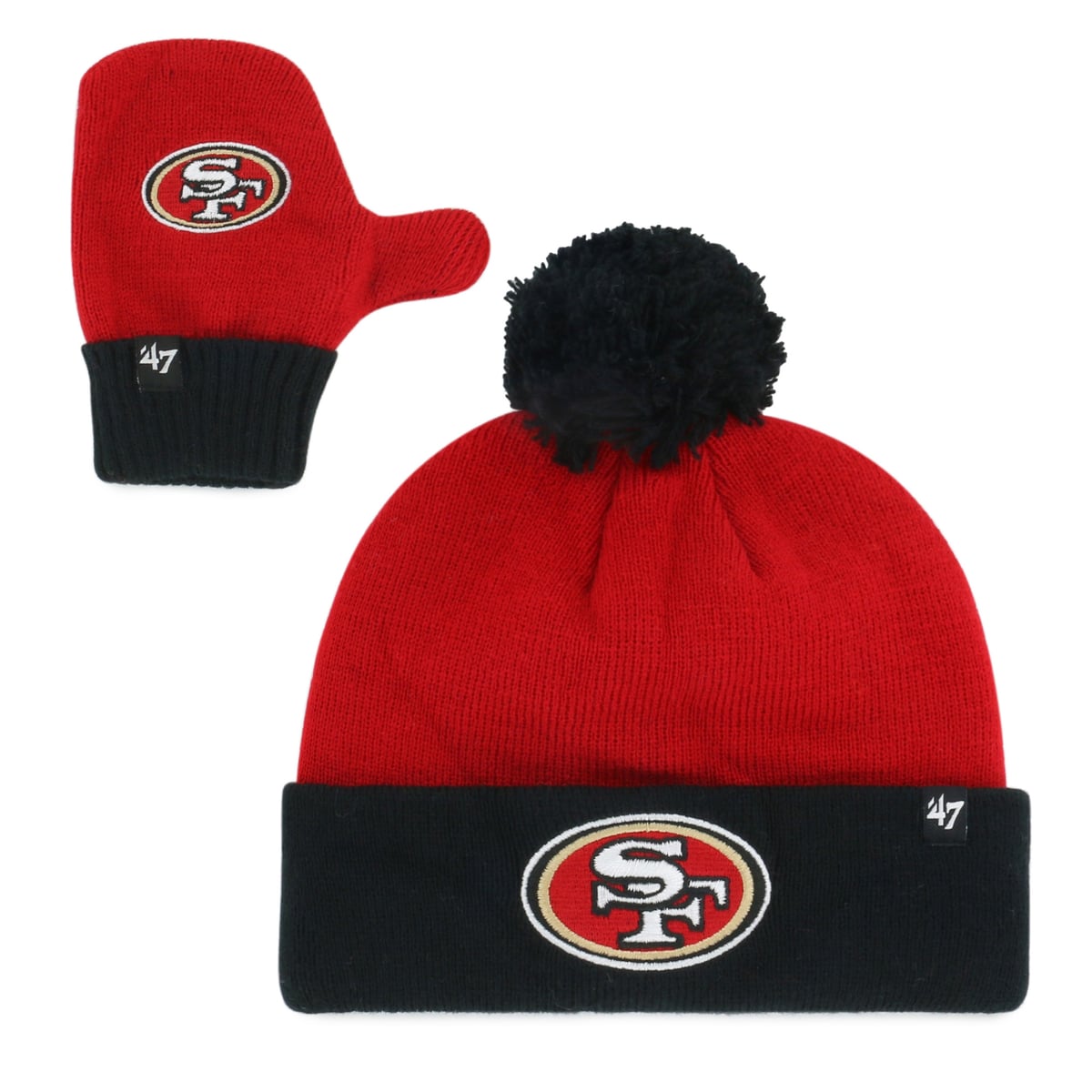 '47 built its name by blending true fandom with a relaxed, comfortable style that feels like part of your everyday life. The San Francisco 49ers Bam Bam Cuffed Knit Hat with Pom & Mittens Set extends that same quality and spirit to the next generation of fans. It is a warm and welcome introduction to the team, made for starting a lifetime of loyalty in softness and comfort.Mitten has ribbing on wrists to keep the elements outSet comes with two mittens and one cuffed knit hat with pomBrand: '47Material: 100% AcrylicSoft acrylic retains heatPom on topCuffed knit hatEmbroidered team logos on cuff of hat and mittensWipe clean with a damp clothOfficially licensedImported