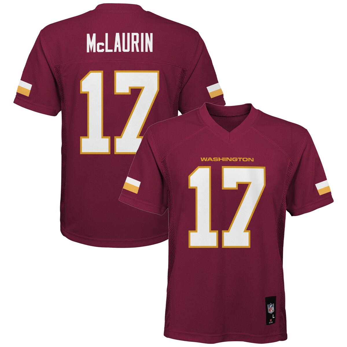 Your youngster can show off who their favorite player in football is with this Washington Football Team Terry McLaurin Replica Player jersey. It's designed with detailed graphics to replicate the jerseys the Washington Football Team wore each week. Finished with mesh side panels, this jersey helps your young fan feel closer to their favorite team than ever before.Officially licensedJersey Color Style: TeamRib-knit collarShort sleevesMachine wash with garment inside out, tumble dry lowImportedRubberized heat-sealed graphicsBrand: OuterstuffReplicaMaterial: 100% PolyesterMesh side panelsV-neckWoven jock tag at hem