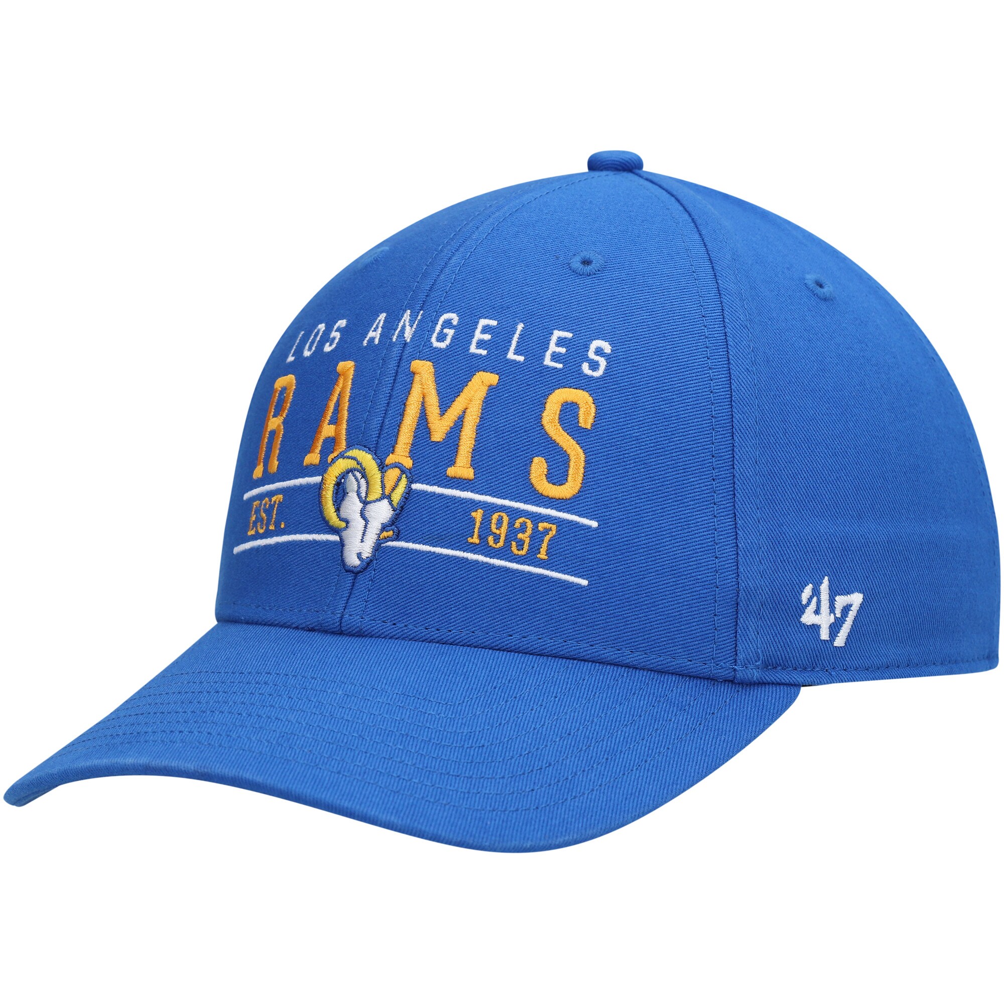 Top off your Los Angeles Rams game day look with this Centerline MVP adjustable hat from '47. The bold graphics feature a prominent wordmark with a team logo centered underneath. The slide buckle closure guarantees a tight and secure fit every time.Mid CrownOfficially licensedAdjustable fabric strap with snap buckleStructured fitOne size fits mostCurved billEmbroidered graphics with raised detailsImportedSix panels with eyeletsWipe clean with a damp clothMaterial: 100% CottonBrand: '47