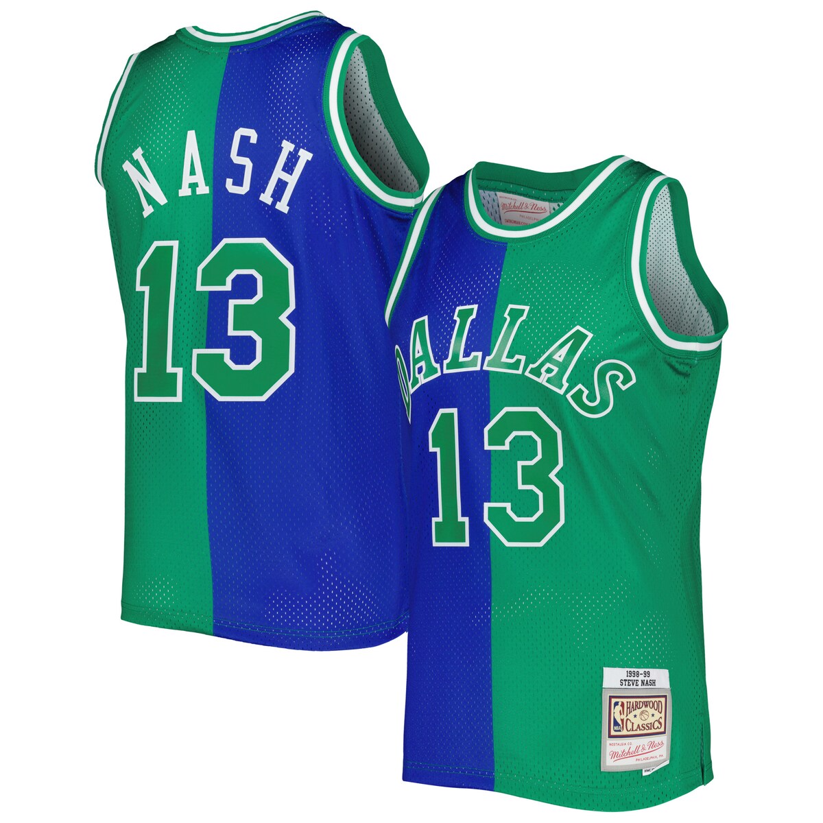 Showcase your timeless love for one of the greatest Dallas Mavericks players of all time in a trendy, distinct way with this 1998/99 Steve Nash Split Swingman jersey by Mitchell & Ness. The unique Hardwood Classics design featuring vibrant team graphics and Steve Nash details allows you to boast your fandom loud and proud. Additionally, lightweight construction and breezy mesh fabric bring comfort and breathability to your Dallas Mavericks gear.SleevelessMachine wash, line drySwingman ThrowbackOfficially licensedWoven jock tagSide splits at waist hemImportedMaterial: 100% PolyesterSublimated graphicsMesh fabricBrand: Mitchell & NessHeat-sealed fabric appliques