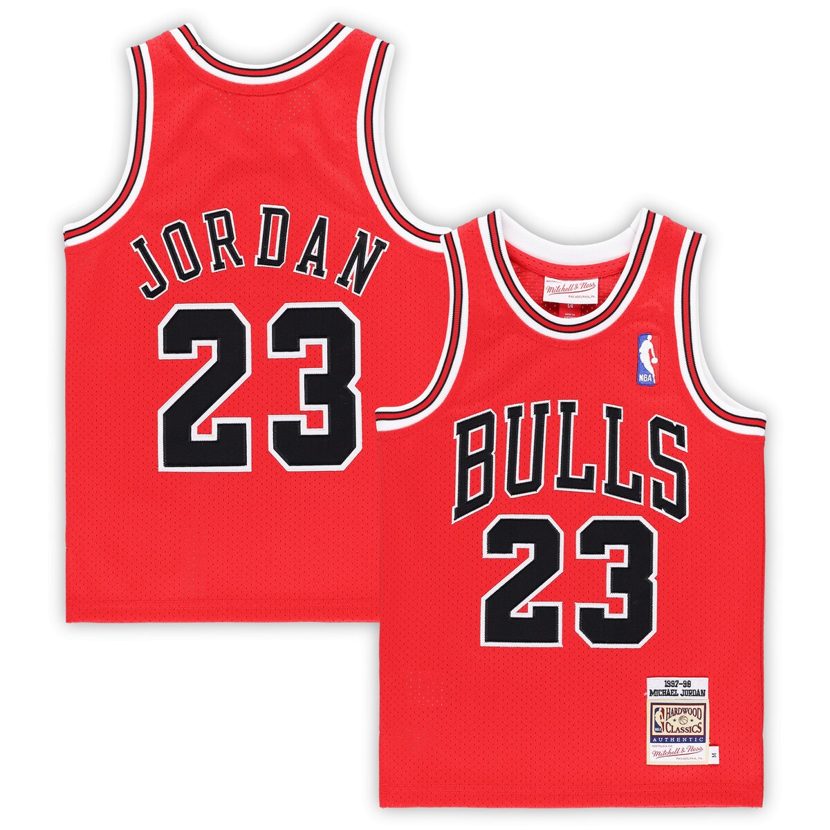 Your young Chicago Bulls fan can rep the GOAT with this Michael Jordan Hardwood Classics Authentic jersey from Mitchell & Ness. Its official design replicates the jersey MJ wore during the 1997/98 season, a timeless look that all basketball fans can appreciate. Not to mention its mesh design helps promote airflow for added comfort.Embroidered NBA Logoman at left shoulderStitched tackle twill team and player detailsAuthentic Throwback JerseyOfficially licensedMaterial: 100% PolyesterSide splits at hemMachine wash, tumble dry lowImportedBrand: Mitchell & NessSleevelessWoven jock tagPerforated mesh design for airflow