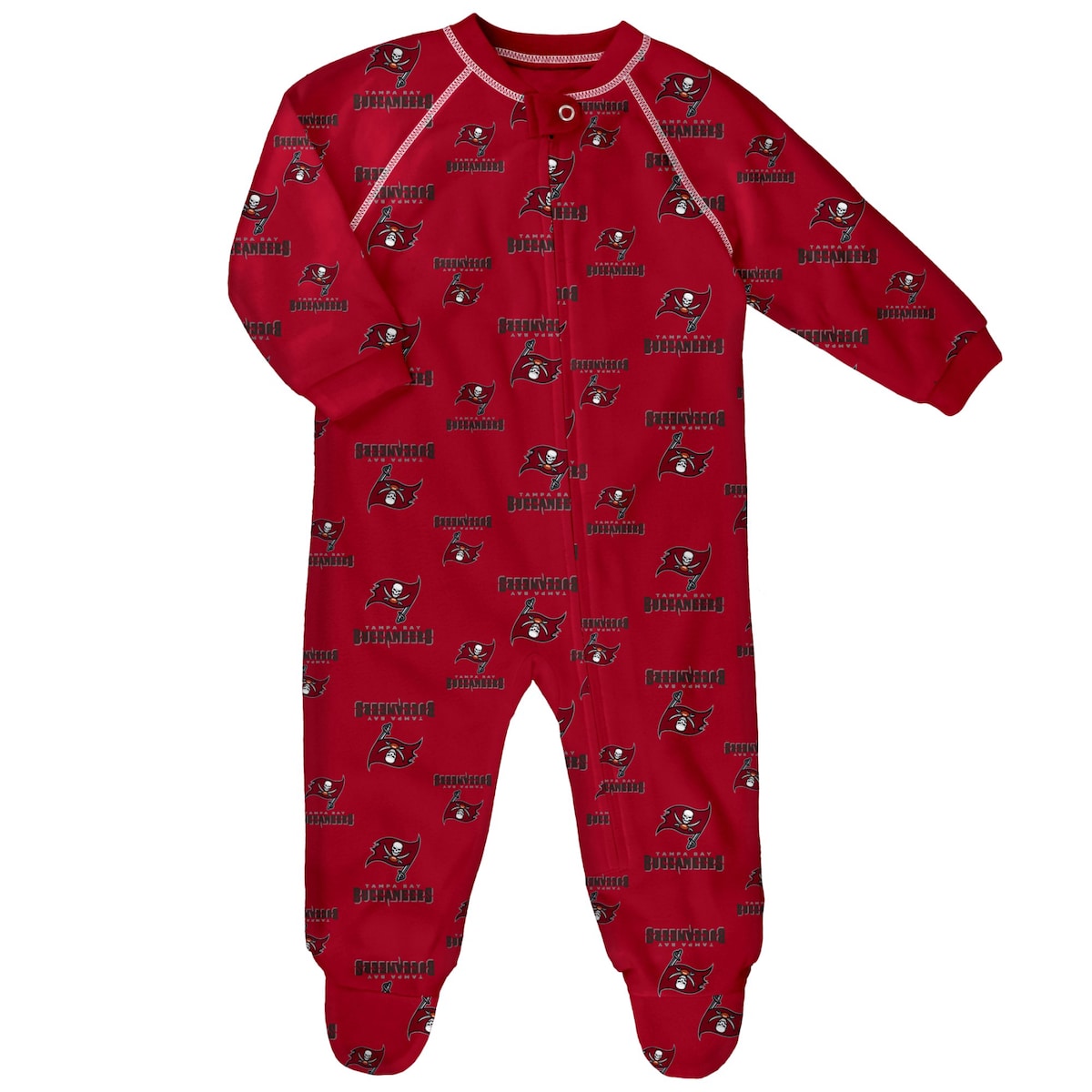 Provide your budding Tampa Bay Buccaneers fan with comfort and spirit each night by dressing them in this full-zip jumper. It features roomy raglan sleeves so they can stretch, crawl and sleep in comfort. An allover Tampa Bay Buccaneers print easily displays which team they'll root for each Sunday.Sublimated graphicsMachine wash with garment inside out, tumble dry lowOfficially licensedMaterial: 100% PolyesterLong sleeveFull-zipFlame resistantFooted with non-slip dotsRaglan sleevesFlatlock stitchingBrand: OuterstuffImportedSnap closure at neckInseam on size 18M measures approx. 10"