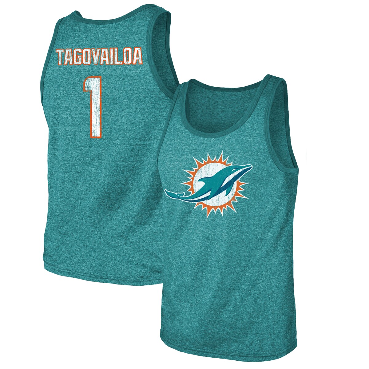 Tua Tagovailoa is your favorite player, and for good reason. Show him your support by grabbing this Miami Dolphins Name & Number Tri-Blend Tank Top from Fanatics Branded. It features bold Miami Dolphins and Tua Tagovailoa graphics, so no one will be able to question where your allegiance lies every time you rock this sweet gear.Scoop neckSleevelessHeathered fabricScoop neckOfficially licensedSleevelessMachine wash, tumble dry lowMaterial: 50% Polyester/38% Cotton/12% RayonMade in the USADistressed screen print graphicsBrand: Majestic Threads