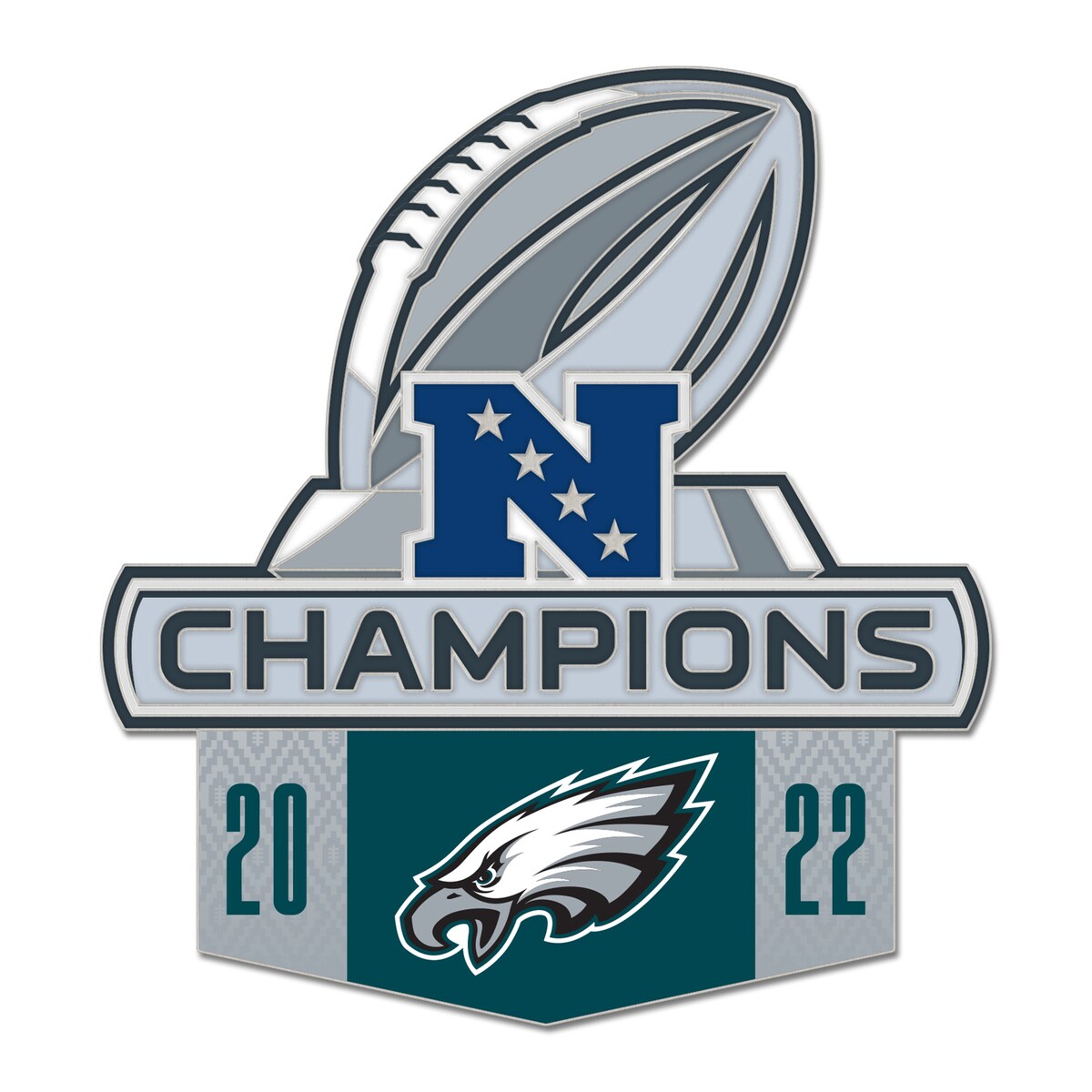 The 2022 NFL season was an electrifying ride, and the excitement continues on the road to Super Bowl LVII! Celebrate a crucial Philadelphia Eagles victory by grabbing this 2022 NFC Champions Collector's Pin from WinCraft. It features commemorative graphics that will showcase your unwavering support for the Philadelphia Eagles in the Super Bowl and beyond.Measures approx. 1.25'' x .06'' x 1.75''ImportedBrand: WinCraftHard enameled graphicsOfficially licensedMaterial: 100% Metal