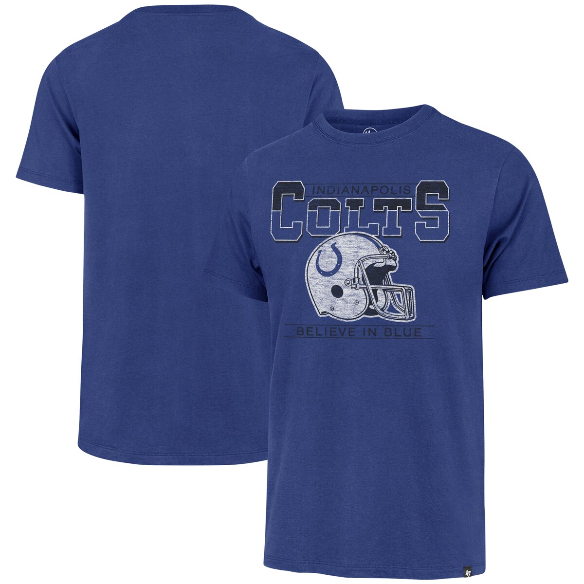 This '47 Time Lock Franklin T-shirt gives your team gear a vintage touch. Distressed Indianapolis Colts graphics offer a vintage look, illustrating you're no casual fan. A crew design and soft cotton fabric provide the ultimate casual feel.Officially licensedShort sleeveMachine wash, tumble dry lowImportedBrand: '47Material: 100% CottonDistressed screen print graphicsWoven tagCrew neck