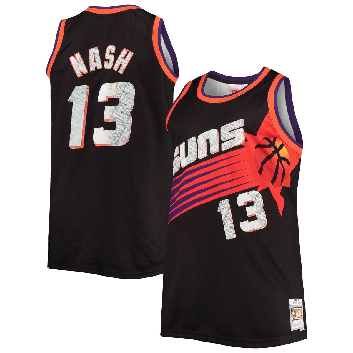 Commemorate the iconic legacy of Steve Nash while celebrating 75 years of illustrious NBA insanity with this Phoenix Suns Diamond Swingman jersey from Mitchell & Ness. Along with a sleeveless design, this top offers lightweight fabric to keep you fresh throughout the day. Featuring legendary Phoenix Suns and Steve Nash graphics, this is the perfect way to show your timeless devotion to your favorite team and player in the NBA.Swingman ThrowbackStitched designImportedOfficially licensedMachine wash, line dryBrand: Mitchell & NessMaterial: 100% PolyesterStitched holographic applique with faux diamond patternWoven jock tag at hemSleevelessStraight hemline with side splits