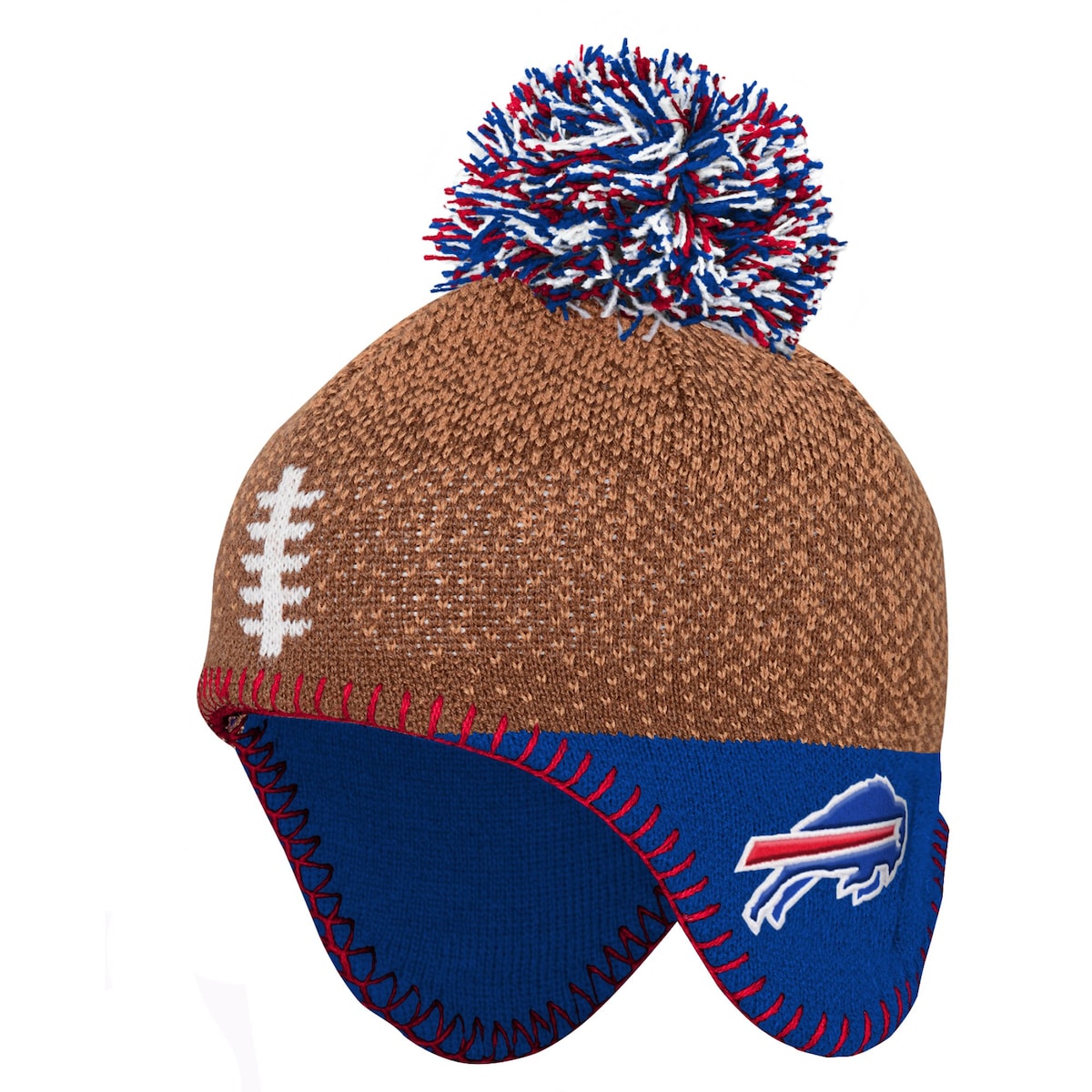 Help your little fan generate extra warmth in an adorable way with this Buffalo Bills Football Head knit hat. Its fun design features a speckled pattern, football laces and a multicolor pom that highlights the embroidered Buffalo Bills logo and contrast-color stitching. Ear flaps provide added coverage and coziness.Embroidered graphicsKnit designOfficially licensedOne size fits mostImportedOver-the-ear flapsBrand: OuterstuffPom on top