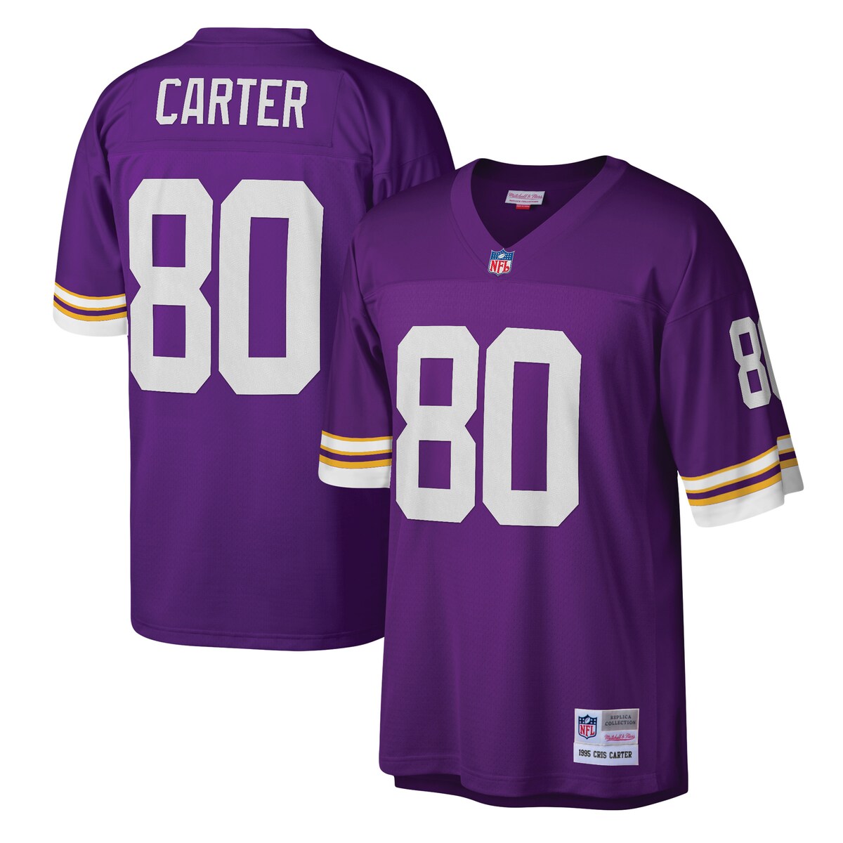 You're a massive Minnesota Vikings fan and also loved watching Cris Carter play. Now you can show off your fandom for both when you get this Cris Carter Minnesota Vikings Legacy replica jersey from Mitchell & Ness. It features distinctive throwback Minnesota Vikings graphics on the chest and back, perfect for wearing at a home game. By wearing this jersey, you'll be able to feel like you're reliving some of the great plays that Cris Carter accomplished to lead the Minnesota Vikings to glory.ReplicaOfficially licensedEmbroidered twill graphicsMaterial: 100% PolyesterV-neckFabric applique sewn onSublimated rib-knit sleeve insertsMachine wash, line dryMesh fabricWoven tags at bottom hemImportedBrand: Mitchell & NessSide splits at waist hemShort sleevesEmbroidered NFL Shield at collar