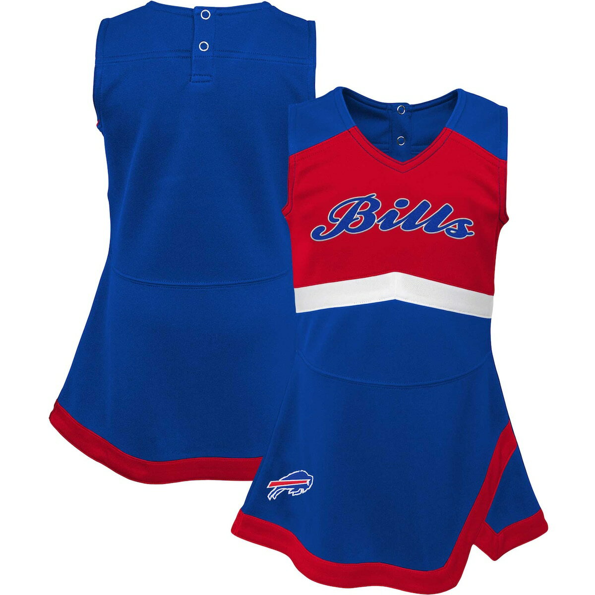 Your young little one looks like the ultimate Buffalo Bills cheerleader in this Captain Jumper dress. It features a sleeveless construction and lightweight material that allows them to move freely. An unmistakable Buffalo Bills design with bold team graphics and accents makes your tot the cutest fan in the room.ImportedOfficially licensedTwo-snap closure at back neckEmbroidered fabric appliqueSleevelessBrand: OuterstuffMaterial: 100% PolyesterOutseam on size 24M measures approx. 12.5"Machine wash, tumble dry low