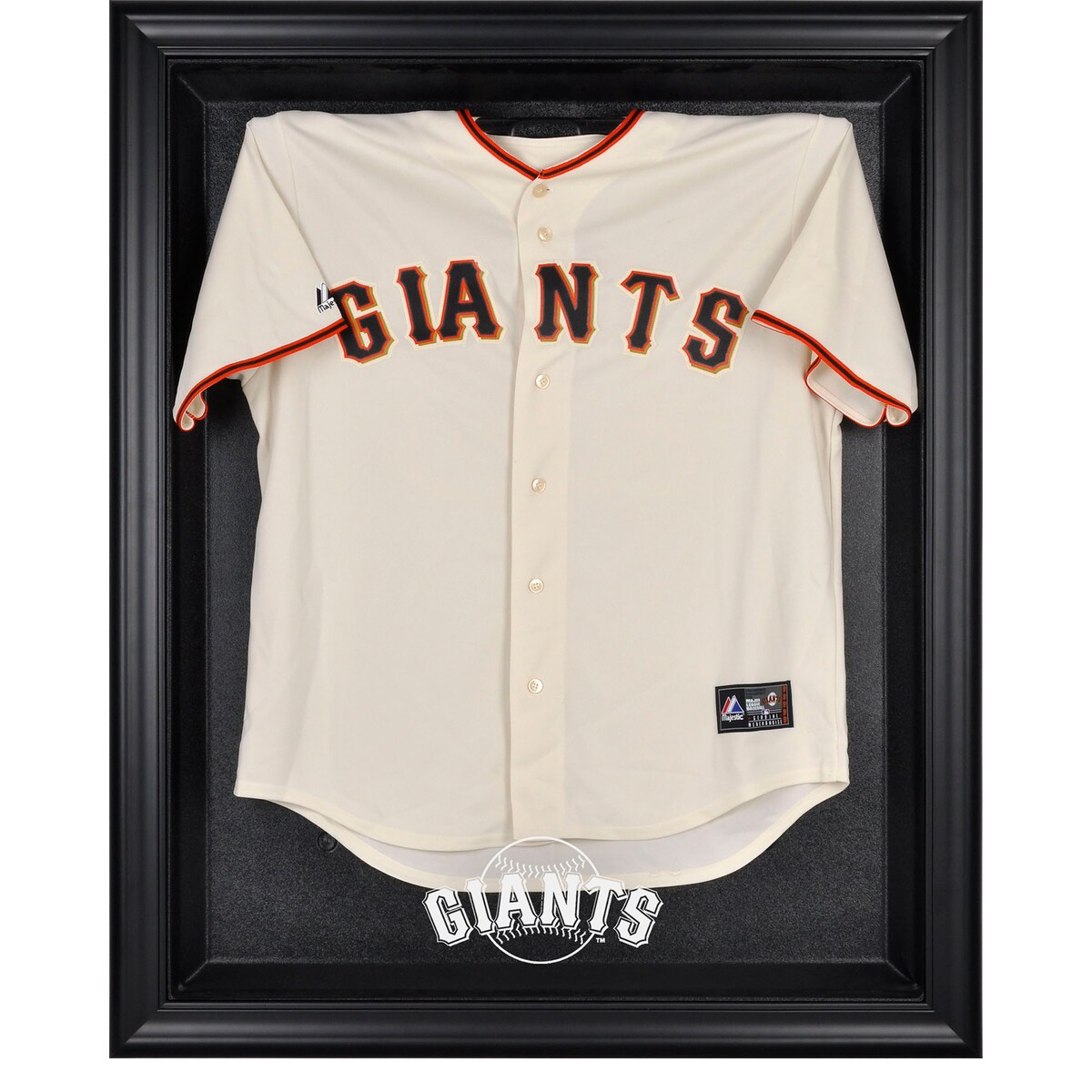 The San Francisco Giants black framed logo jersey display case opens on hinges and is easily wall-mounted. It comes with a 24" clear acrylic rod to display a collectible jersey. This case is constructed with a durable, high-strength injection mold backing, encased by a beautiful wood frame and features an engraved team logo on the front. Officially licensed by Major League Baseball. The inner dimensions of the case are 38" x 29 1/2"x 3" with the outer measurements of 42" x 34 1/2" x 3 1/2". Memorabilia sold separately.Wood frameMade in the U.S.A.ImportedHas a LogoEasily wall mountedCollectible jersey display caseBrand: Fanatics AuthenticEngraved team graphicsOfficially licensed MLB productMemorabilia sold separatelyHinges to open easilyOfficially licensedIncludes acrylic rod to hold jersey