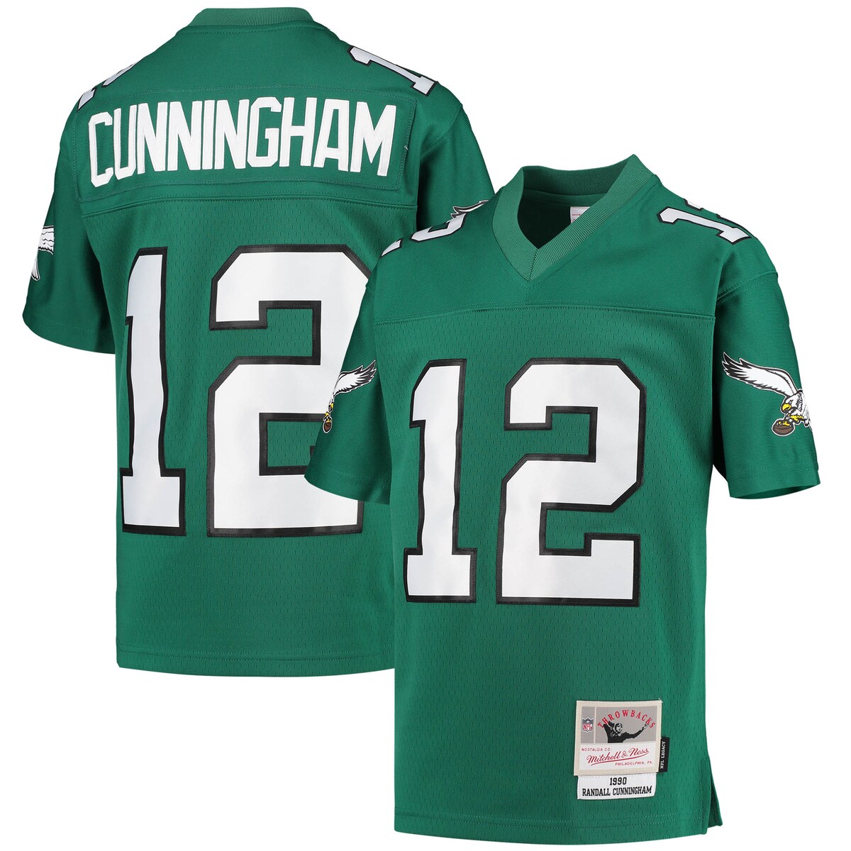 Help your kiddo rep one of the greatest players in Philadelphia Eagles history with this Retired Player Legacy jersey from Mitchell & Ness. Its throwback design is inspired by the uniform Randall Cunningham wore during his memorable seasons with the franchise. This jersey's remarkably detailed graphics and stitching will help bring back all those cherished memories of watching Randall Cunningham lead the Philadelphia Eagles onto the gridiron.Machine wash with garment inside out, tumble dry lowMaterial: 100% PolyesterImportedMesh bodyReplica Throwback JerseyBrand: Mitchell & NessSatin twill woven jock tagShort sleeveSleeves with screen print graphicStitched tackle twill name and numbersStraight hem with side splitsV-neckOfficially licensed