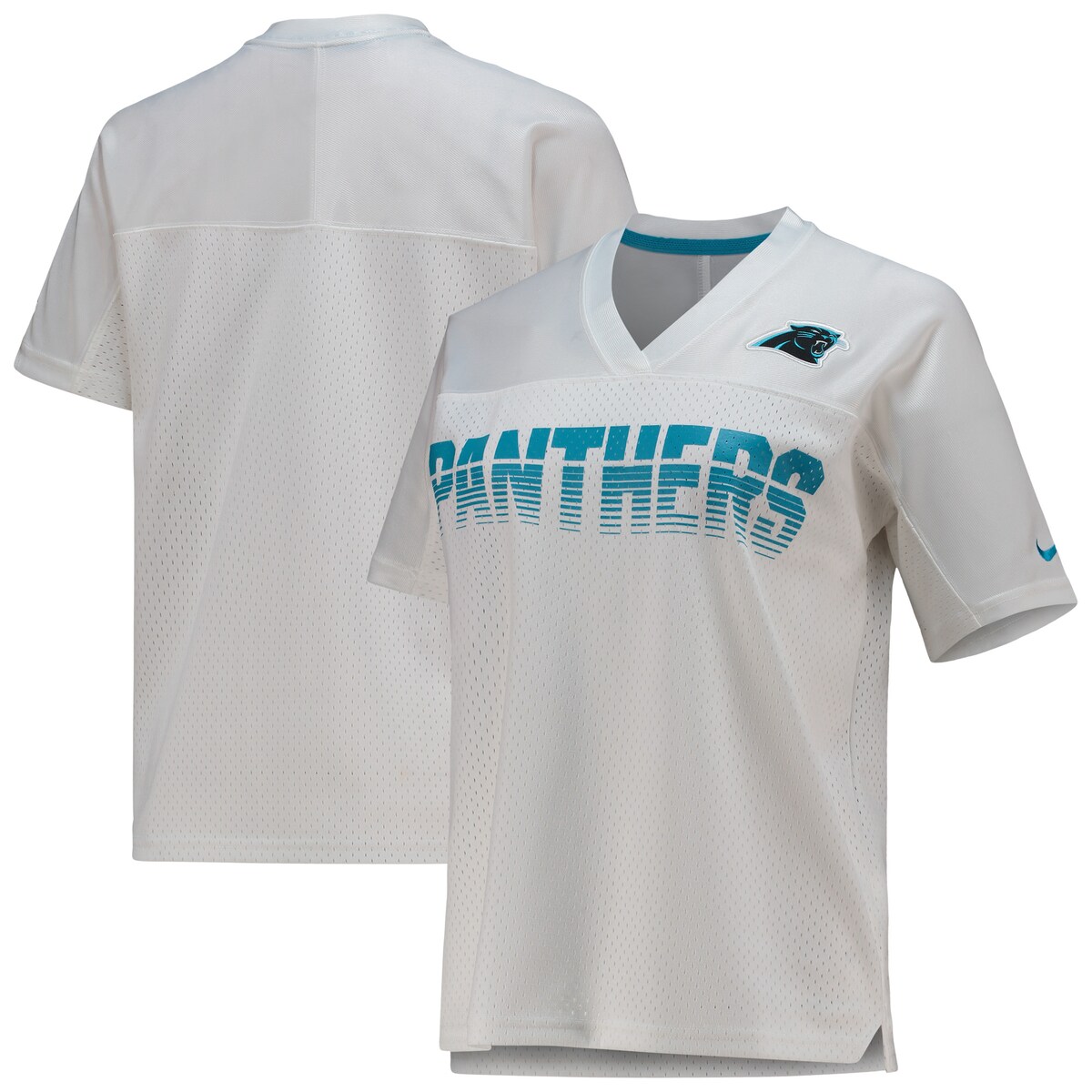 Grab yourself an official on-field look with this spirited Fan Replica jersey from Nike. It features detailed Carolina Panthers graphics and embroidery that will boldly display your love for the team. Additionally, the breathable polyester fabric, classic V-neck design and mesh detailing bring comfort to your Carolina Panthers game day get up.V-neckShort sleeveMachine wash, tumble dry lowMesh detailsScreen print graphicsOfficially licensedReplica JerseyImportedBrand: NikeSide splits at waist hemMaterial: 100% PolyesterEmbroidered fabric applique