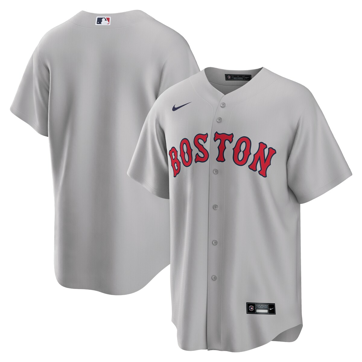 As the ultimate Boston Red Sox fan, you deserve the same look that your favorite players sport out on the field. This Road Replica Team jersey from Nike brings the team's official design to your wardrobe for a consistently spirited look on game day. The polyester material and slick Boston Red Sox graphics are just what any fan needs to look and feel their best.ImportedOfficially licensedBrand: NikeMachine wash gentle or dry clean. Tumble dry low, hang dry preferred.Rounded hemFull-button frontShort sleeveHeat-sealed jock tagMLB Batterman applique on center back neckHeat-sealed transfer appliqueSizing Tip: Product runs large. We recommend ordering one size smaller than you normally wear.Material: 100% Polyester