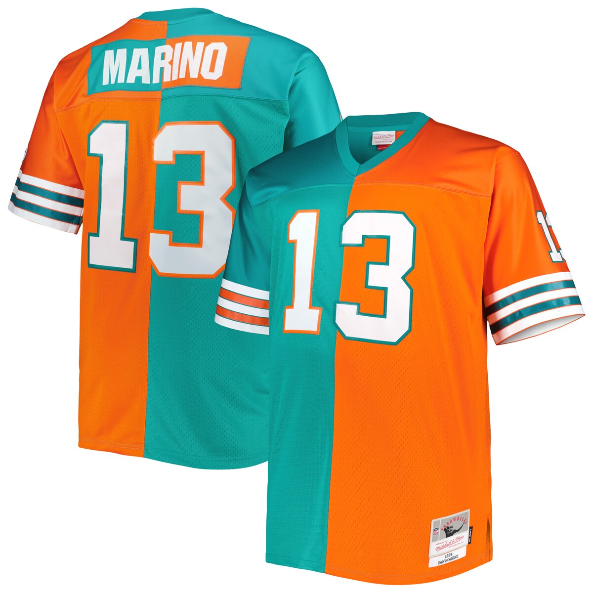 Pay homage to one of the greatest players in NFL history with this Dan Marino Split Legacy replica jersey from Mitchell & Ness. It features contrasting Miami Dolphins colors, as well as Dan Marino's name and number featured on the front and back, making this the perfect option for you to remember all of his achievements while playing for the Miami Dolphins. The droptail hem with side splits adds a layer of style while the mesh bodice brings breathability to your day.Rib-knit collarTackle twill appliqueReplica Throwback JerseyOfficially licensedMachine wash, line dryWoven jock tag on bottom left hemMaterial: 100% PolyesterV-neckMesh bodiceStitched fabric applique with player year and nameImportedBrand: Mitchell & NessHeat-sealed graphicsSide splits at waist hem