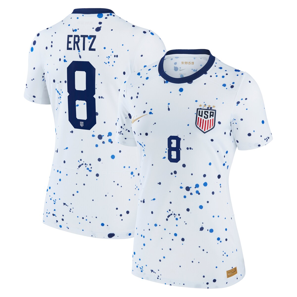 Look and feel like the real deal by adding this Julie Ertz USWNT 2023 Home Replica Player Jersey to your game day wardrobe. Complete with Dri-FIT technology, this Nike jersey will keep you feeling dry and comfortable for all 90 minutes. Like a piece of abstract art, the jersey is order among chaos. A paint-splatter design ensures no two jersey patterns are the samea nod to the unique individuals who, together, create a team that fearlessly pushes the boundaries of their sport.Tagless collar for added comfortMaterial: 100% PolyesterOfficially licensedDri-FIT technology wicks away moistureMachine wash gentle or dry clean. Tumble dry low, hang dry preferred.Sewn on embroidered team crest on left chestJersey Color Style: HomeImportedBrand: NikeWoven Authentic Nike jock tag on left hemEmbroidered Nike logo on right chestReplicaVentilated mesh panel inserts