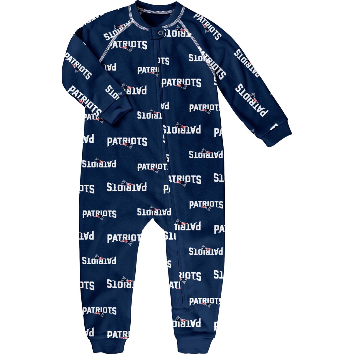 Provide your budding New England Patriots fan with comfort and spirit each night by dressing them in this full-zip sleeper. It features roomy raglan sleeves so they can stretch, crawl and sleep in comfort. An allover New England Patriots print easily displays which team they'll root for each game day.Material: 100% PolyesterFlatlock stitchingFull-zipInseam on size 3T measures approx. 15"Officially licensedMachine wash with garment inside out, tumble dry lowSublimated graphicsRaglan sleevesBrand: OuterstuffImportedSnap closure at neck