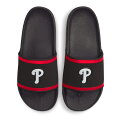 Walk around comfortably in Philadelphia Phillies footwear with these Off-Court Slide sandals from Nike. They feature striking Philadelphia Phillies graphics on the soft strap and dual-density foam to elevate both your devotion as well as your comfort. The upper binding will also provide a cushioned feel for additional support.Slip-on stylingOfficially licensedImportedMaterial: 100% Synthetic - Upper; 100% Rubber - OutsoleSurface washableDeep flex groovesDual-density foamBrand: NikeSoft strap and upper bindingContoured footbedPrinted graphics with debossed details