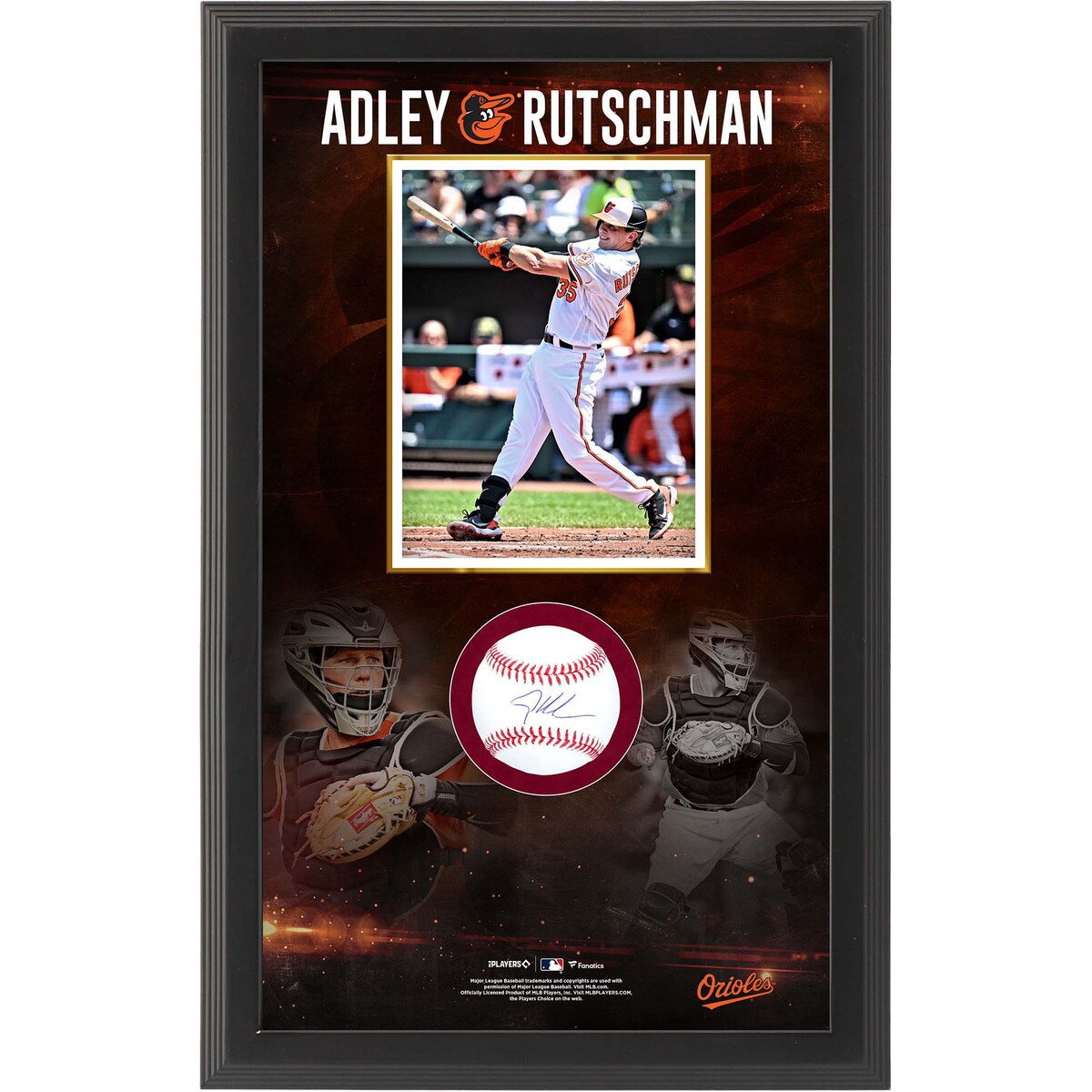 Prove you're a loyal Baltimore Orioles supporter by adding this autographed Adley Rutschman Baseball Shadow Box to your collection. Featuring authentic team designs and colors, it makes your devotion to the Baltimore Orioles undeniable.Ready to hangSignature may varyIncludes an individually numbered, tamper-evident hologramObtained under the auspices of the Major League Baseball Authentication Program and can be verified by its numbered hologram at MLB.comFrame measures approx. 24.4'' x 15'' x 3.5''Officially licensedBrand: Fanatics AuthenticHand-signed autograph