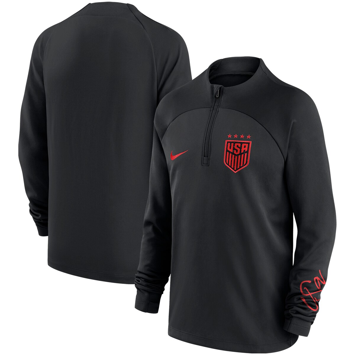 Elevate your kiddo's club spirit with a bonafide look by grabbing this USMNT 2023 Academy Pro Drill top. Crafted by Nike, it features sleek raglan sleeves for a natural range of motion and a sleek quarter-zip closure. The undeniable USMNT crest leaves no doubt who they root for on match day, while the integrated Nike Dri-FIT fabric technology helps to wick away and keep your youngster cool through every scrimmage, strike and save.1/4-ZipLong sleeveEmbroidered fabric appliqueMaterial: 100% PolyesterMachine wash, tumble dry lowZipper garageHeat-sealed graphicsDri-FIT technology wicks away moistureThumbholes in cuffsMove To Zero is Nike's journey toward zero carbon and zero waste to help protect the future of sport. Apparel labeled sustainable materials is made with at least 55% recycled content.Officially licensedTapered collarRaglan sleevesLightweight jacket suitable for mild temperaturesBrand: NikeImported
