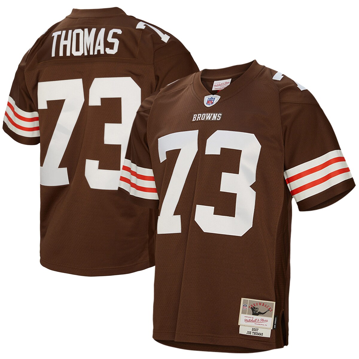 You're a massive Cleveland Browns fan and also loved watching Joe Thomas play. Now you can show off your fandom for both when you get this Joe Thomas Cleveland Browns Legacy replica jersey from Mitchell & Ness. It features distinctive throwback Cleveland Browns graphics on the chest and back, perfect for wearing at a home game. By wearing this jersey, you'll be able to feel like you're reliving some of the great plays that Joe Thomas accomplished to lead the Cleveland Browns to glory.ImportedJersey Color Style: RetiredOfficially licensedReplicaMaterial: 100% PolyesterSide splits at waist hemSublimated rib-knit sleeve insertsWoven tags at bottom hemMesh fabricShort sleevesEmbroidered twill graphicsEmbroidered NFL Shield at collarV-neckFabric applique sewn onMachine wash, line dryBrand: Mitchell & Ness