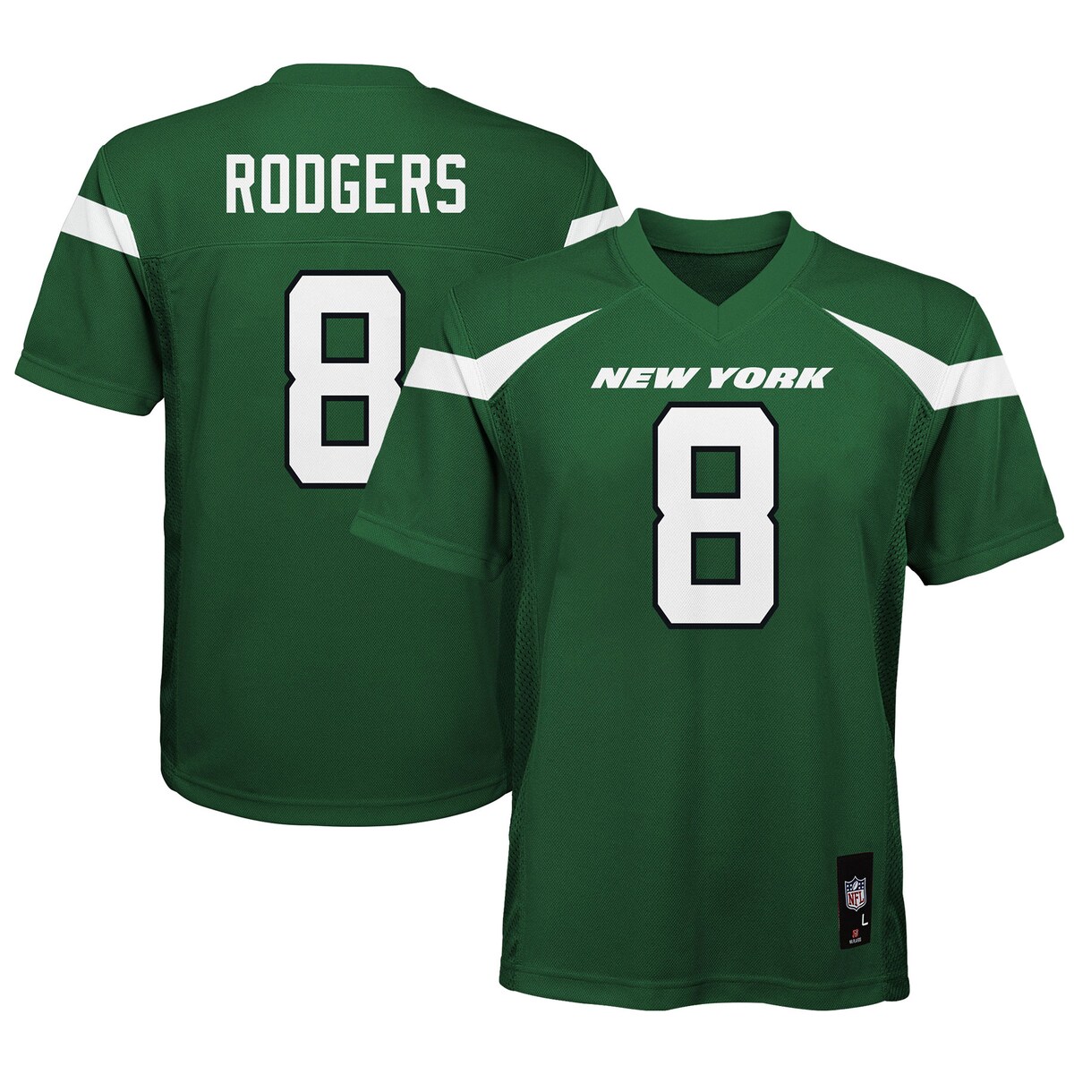 With your kiddo steadily growing as a football fan, help them showcase their strengthening pride with this New York Jets Aaron Rodgers Replica Player Jersey. It features bold graphics and a snug, comfortable fit so they can easily and proudly show some love for the New York Jets and one of their top players.V-neckOfficially licensedScreen print graphicsMachine wash, tumble dry lowReplica JerseyJersey Color Style: TeamShort sleeveWoven jock tag at hemImportedBrand: OuterstuffMaterial: 100% PolyesterMesh side panels