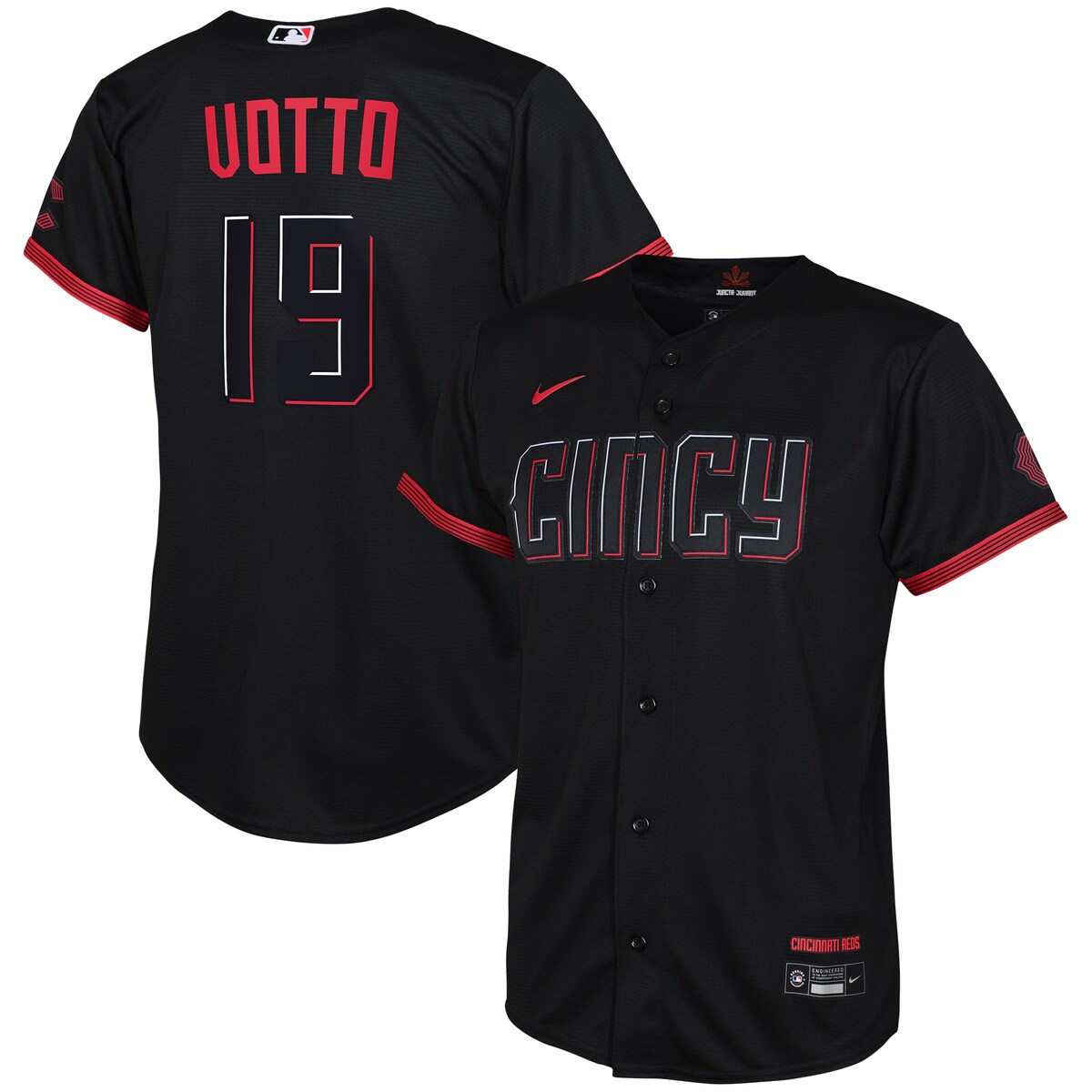 Allow your young fan to represent the city and state the Cincinnati Reds call home all while honoring the past that has paved the way for the future of the organization. This Joey Votto 2023 City Connect Replica Player Jersey from Nike features nods to the city of Cincinnati's seal with the phrase "Juncta Juvant" in addition to a leaf from Ohio's state tree, the buckeye, on the collar. This jersey also looks back on the history of the team with the five stripes on the sleeves and logo to represent the Cincinnati Reds' five World Series titles.ReplicaMLB Batterman logo on back neckOfficially licensedMachine wash, tumble dry lowMaterial: 100% PolyesterFull-button frontShort sleeveStandard fitBrand: NikeImportedRounded hem with satin woven jock tagHeat-applied twill team and player details