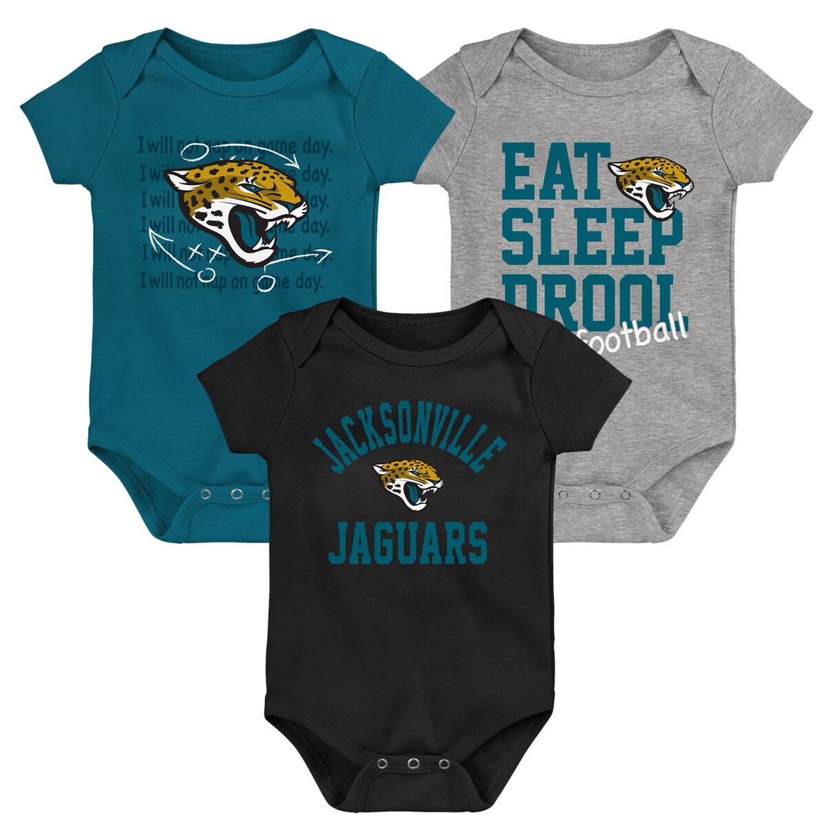 Dress your little one as a devoted Jacksonville Jaguars fan with one of these cute Eat, Sleep and Drool bodysuits. This three-pack Retro set has easy dressing features like a lap shoulder neckline and snap closure, which help with quick outfit changes. Unmistakable Jacksonville Jaguars graphics on each piece charmingly boasts their budding fandom.Material: 100% CottonSet of threeLap shoulder necklineOfficially licensedImportedThree snap closure at bottomScreen print graphicsMachine wash with garment inside out, tumble dry lowSet of three bodysuitsBrand: Outerstuff