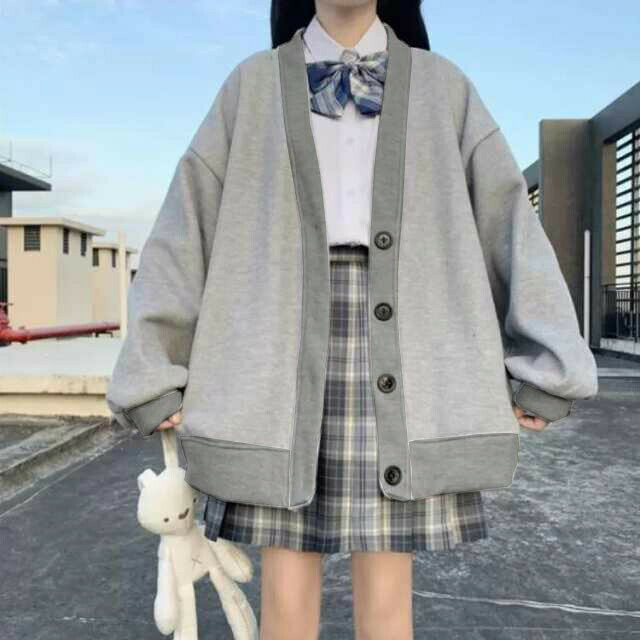 薄手＆裏起毛 スクールカーディガン Vネック 女子 中学生 高校生 無地 羽織り 大きいサイズ ボタン 黒 グレー 制服 秋冬 スウェット アウター オーバーサイズ かわいい 春 レディース fancacademy-10015401 FANCアカデミー 楽天市場店 サンプル画像2