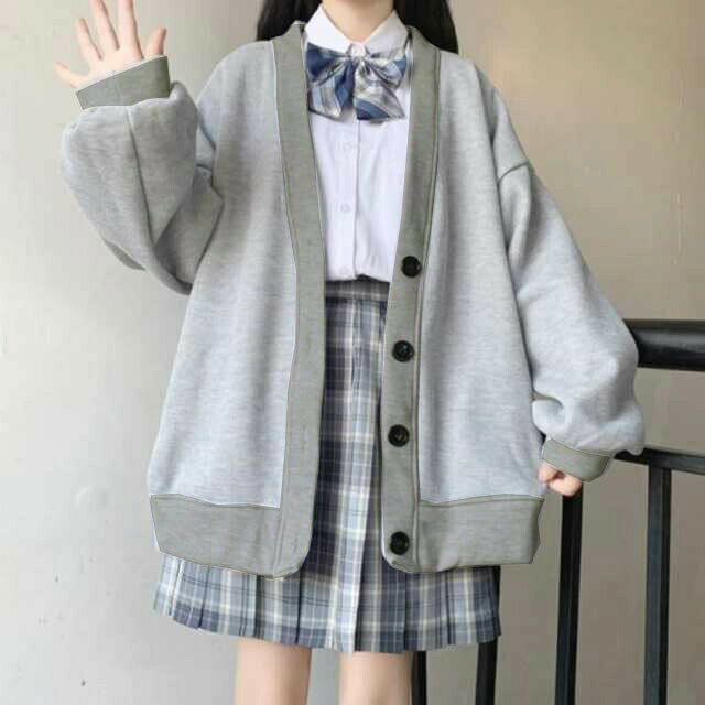 薄手＆裏起毛 スクールカーディガン Vネック 女子 中学生 高校生 無地 羽織り 大きいサイズ ボタン 黒 グレー 制服 秋冬 スウェット アウター オーバーサイズ かわいい 春 レディース fancacademy-10015401 FANCアカデミー 楽天市場店 サンプル画像3