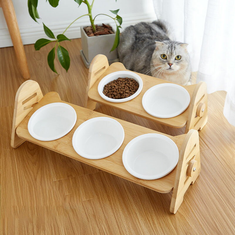 猫 食器 ネコボウル スタンド付 ダブル 餌入 食べやすい フードボウル 猫用 犬用 高さ調節 15度の角度つき 傾斜 食器台 犬猫用スタンド付きセラミック食器 すぐ使える 餌台