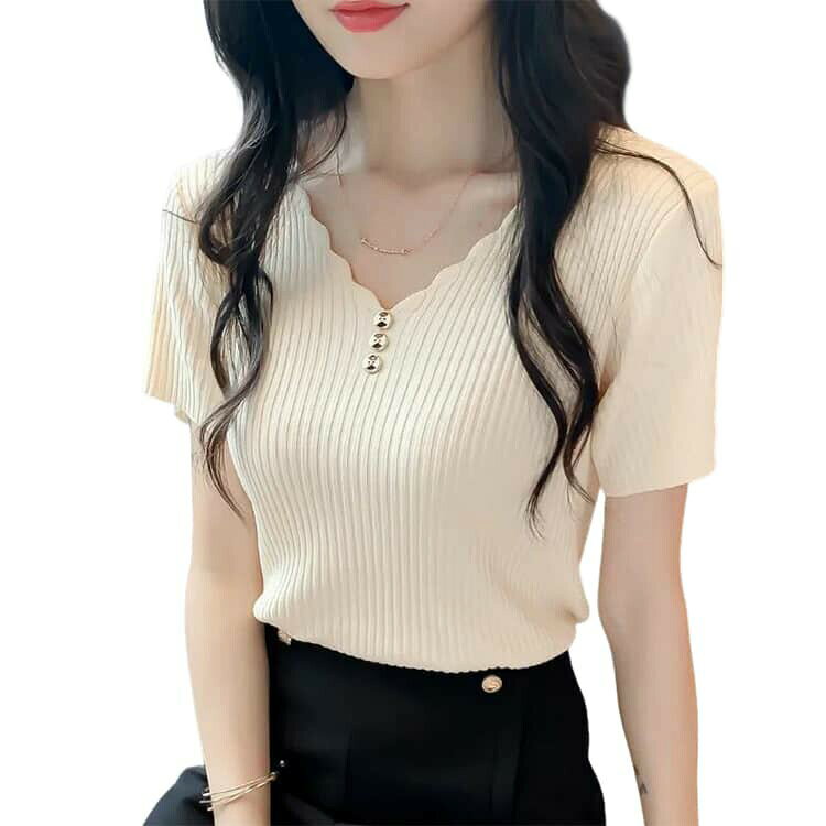ニットトップス サマーニット トップス 半袖 レディース Vネック 涼しい アイスシルク プルオーバー リブ Tシャツ 春 夏 かわいい 半袖ニット インナー シンプル 薄手 tシャツ サマー fancacademy-10006117 FANCアカデミー 楽天市場店 サンプル画像2