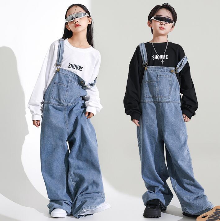 子供デニムサロペット キッズヒップホップダンス衣装 デニム オーバーオール ゆったり ダボる ジーンズ 男女兼用 デニムパンツ ダンス 110-180 長袖Tシャツ サロペット