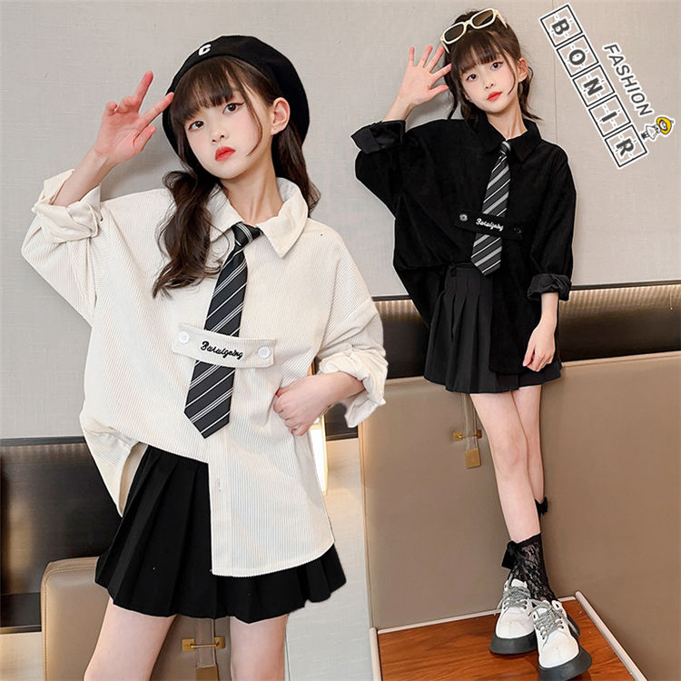 キッズシャツ 長袖 コーデュロイ シャツ ネクタイ付き 子供 学院風 発表会 キッズ服 無地 小学生 中学生 高校生 人気 トップス ベビー 子供服 春 秋 冬 ジュニア シンプル 通園 通学