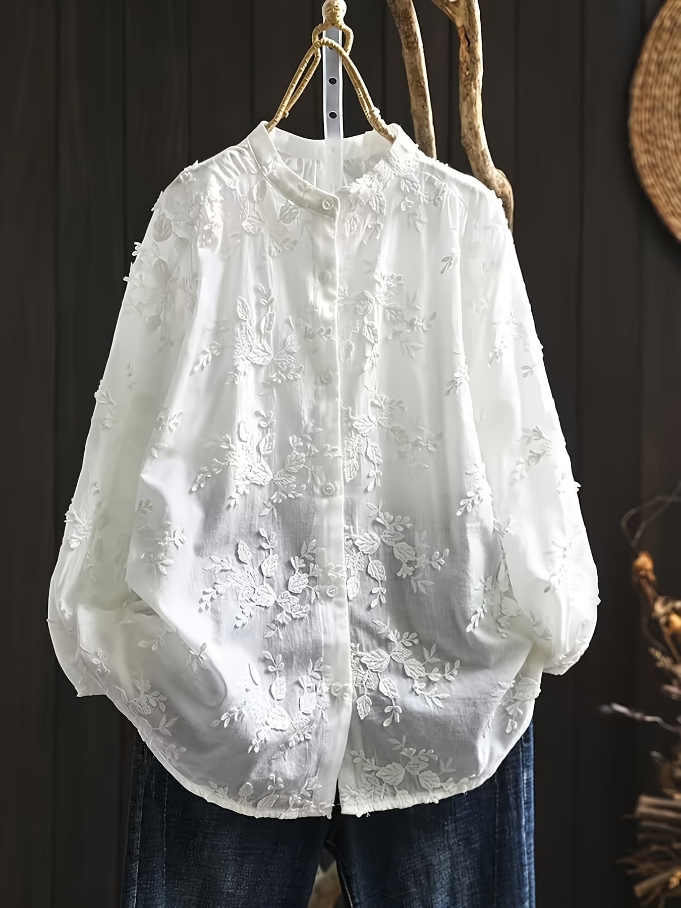 ブラウス 長袖 刺繍 花柄 ぽわん袖 ゆったり トップス レディース 秋 春 甘め 可愛い ガーリー お洒落 体系カバー 30代 華やか フェミニン 40代