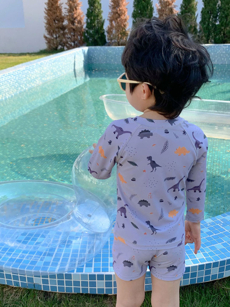 水着 キッズ 子供 ベビー 3点セット セパレート 長袖 ラッシュガード ショートパンツ 水泳帽子 男の子スイムウェア 上下セット 小学生 幼稚園 保育園用 日焼け UV対策 紫外線カット - 2