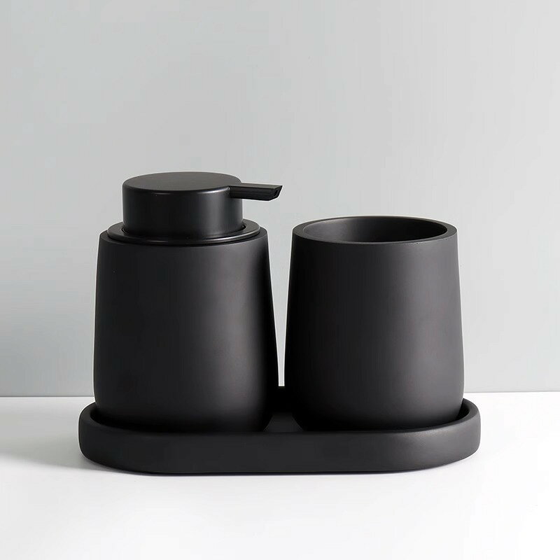3点セット ソープディスペンサー 陶器 手動ディスペンサー 収納トレイ 歯ブラシホルダー 洗面セット ポンプ式 320ml 詰め替えボトル お トイレ 洗面所 バスルームアクセサリー