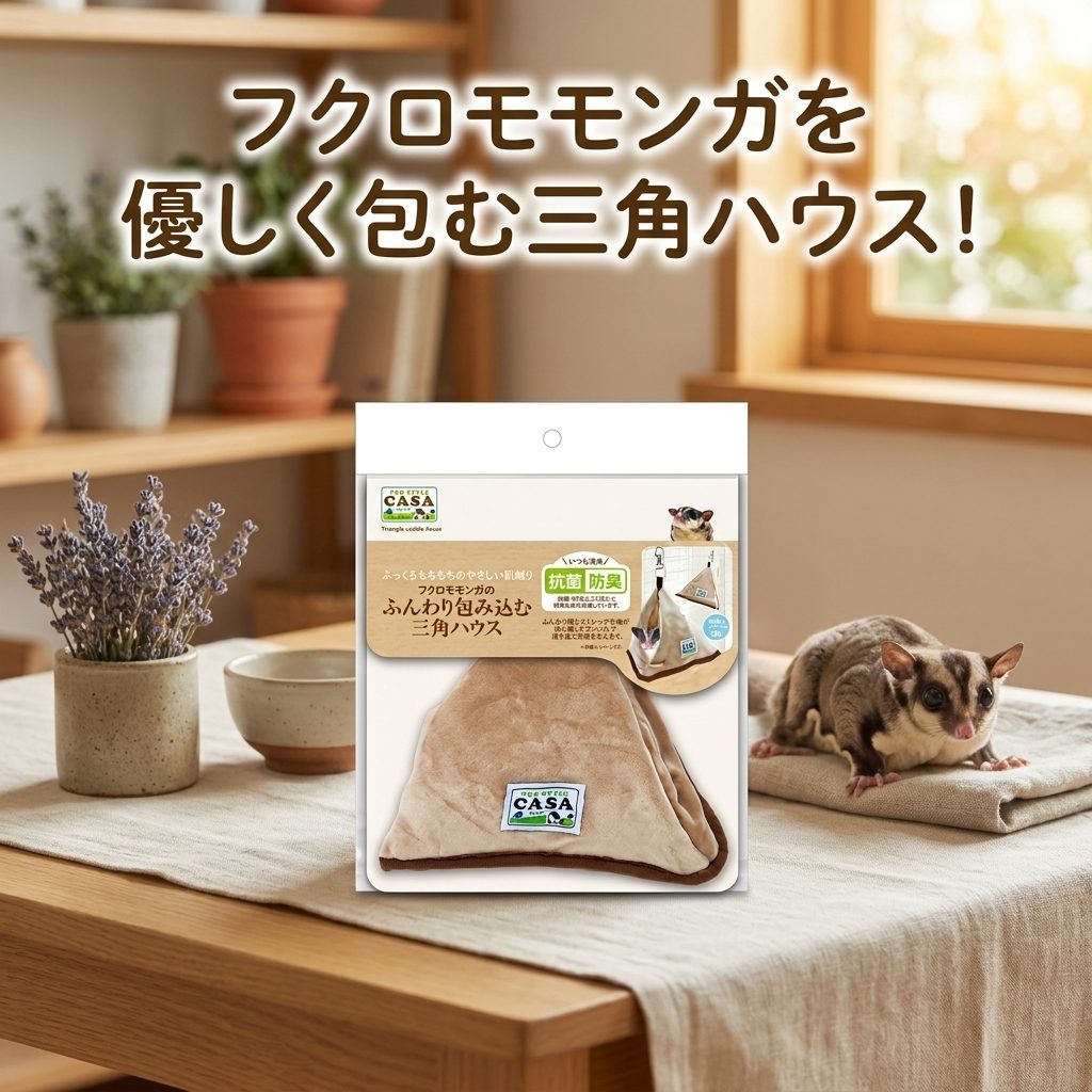 F and D martのマルカン CASA フクロモモンガのふんわり包み込む三角ハウス x1個 フクロモモンガ 小動物 ベッド マット ポリエステル製 三角型 吊り下げ フック付き ケージ設置用品 モモンガ用品｜アングル2