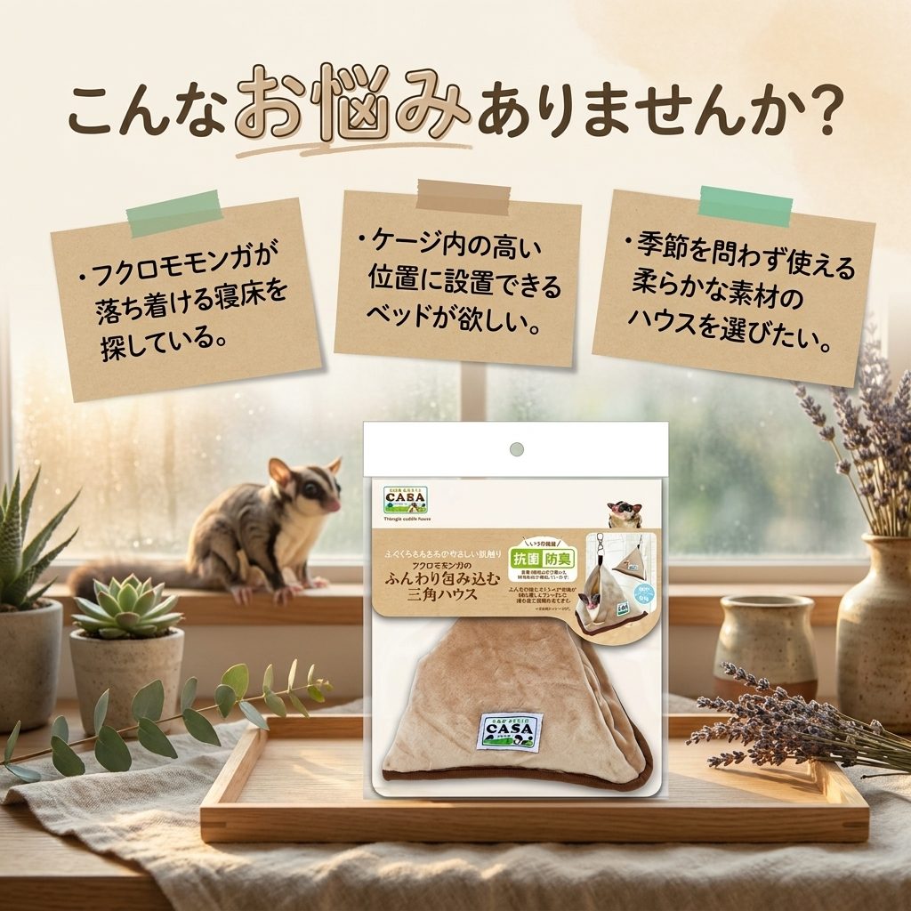 F and D martのマルカン CASA フクロモモンガのふんわり包み込む三角ハウス x1個 フクロモモンガ 小動物 ベッド マット ポリエステル製 三角型 吊り下げ フック付き ケージ設置用品 モモンガ用品｜アングル3