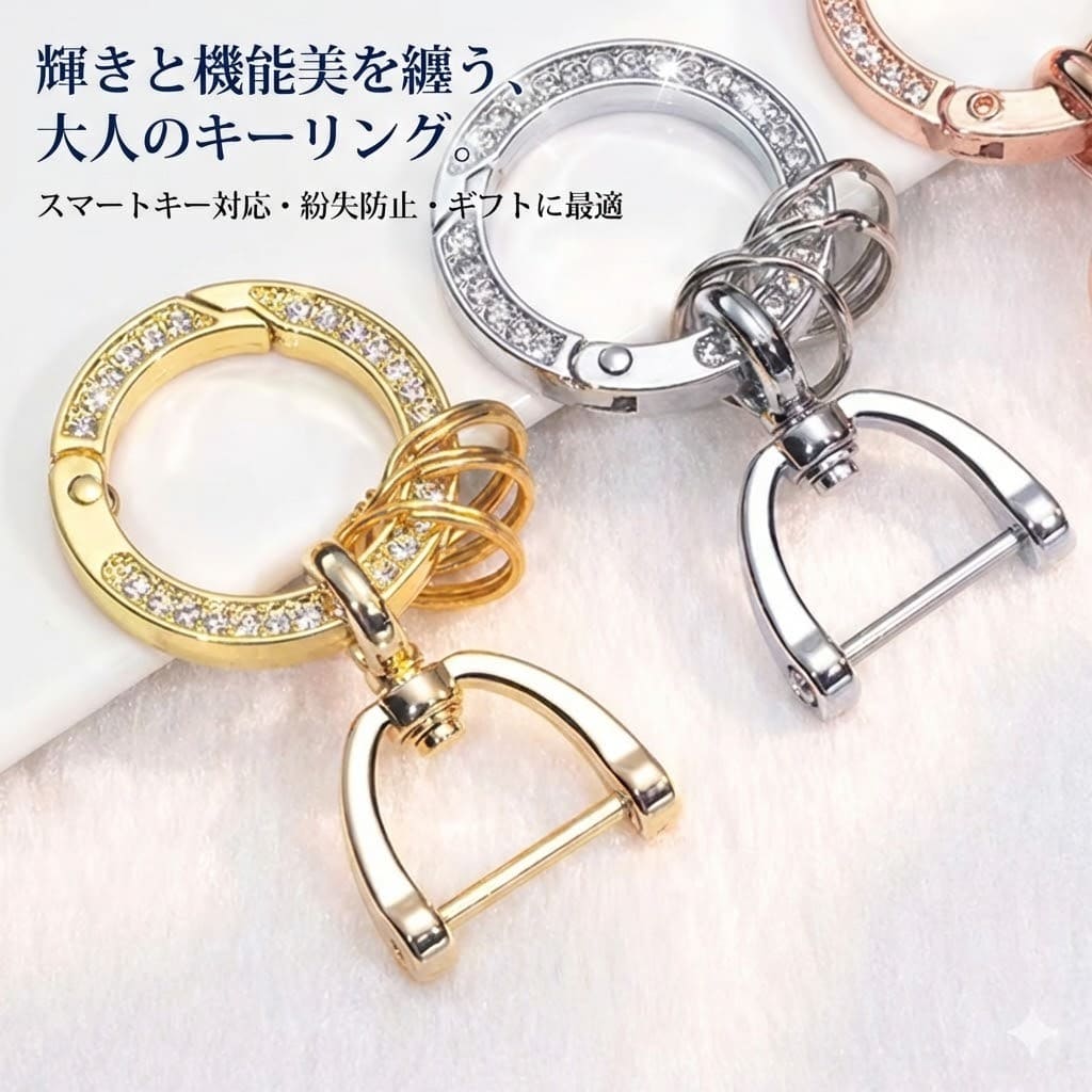 キーリング Dリング付き カラビナ ラインストーン キーホルダー キーチャーム バッグチャーム 車用 シンプル キラキラ ゴールド シルバー 鍵 カギ スマートキー 紛失防止 おしゃれ 誕生日 プレゼント