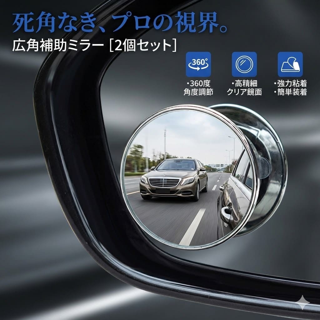 Rakuten - 車用 補助ミラー 2個セット 360度 角度調節 死角解消 広視野 後方確認 サポート 曲面 丸型 鏡 安全 事故 防止 駐車 簡単取り付け カー用品 便利グッズ