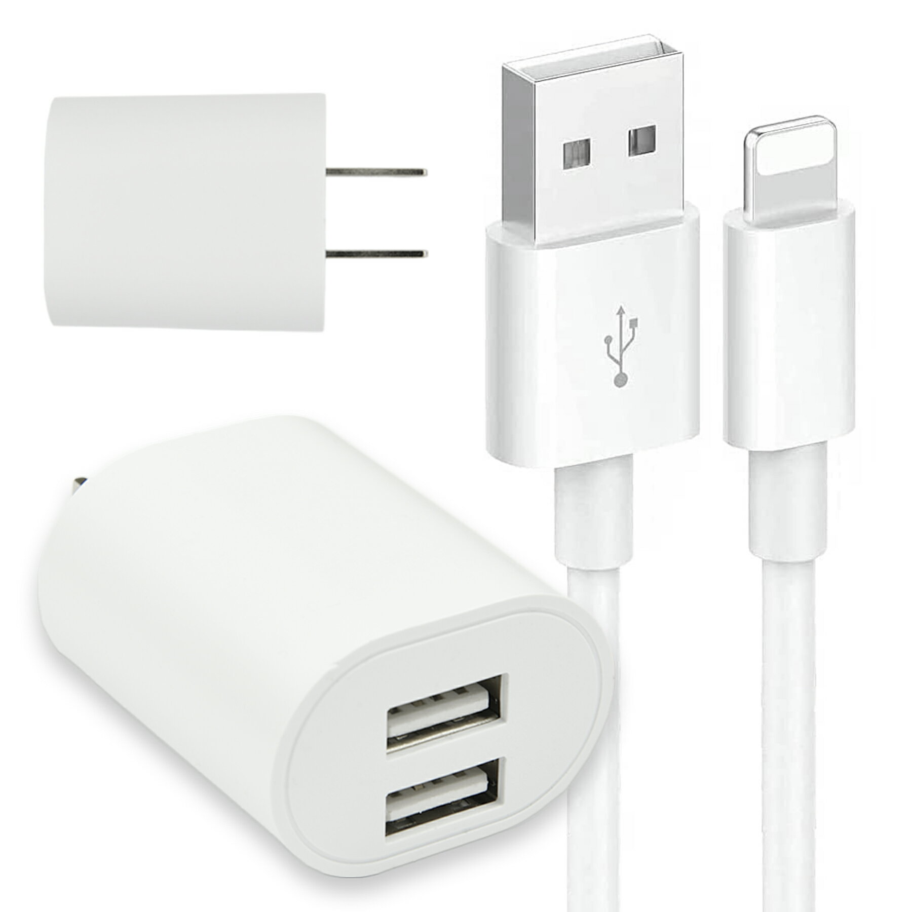 USB 電源 アダプタ iPhone ケーブル 1m 2口 充電器 セット AC 充電 コンセント iPad スマホ タブレット Android 各種対応 2ポート コンパクト 旅行 PSE認証