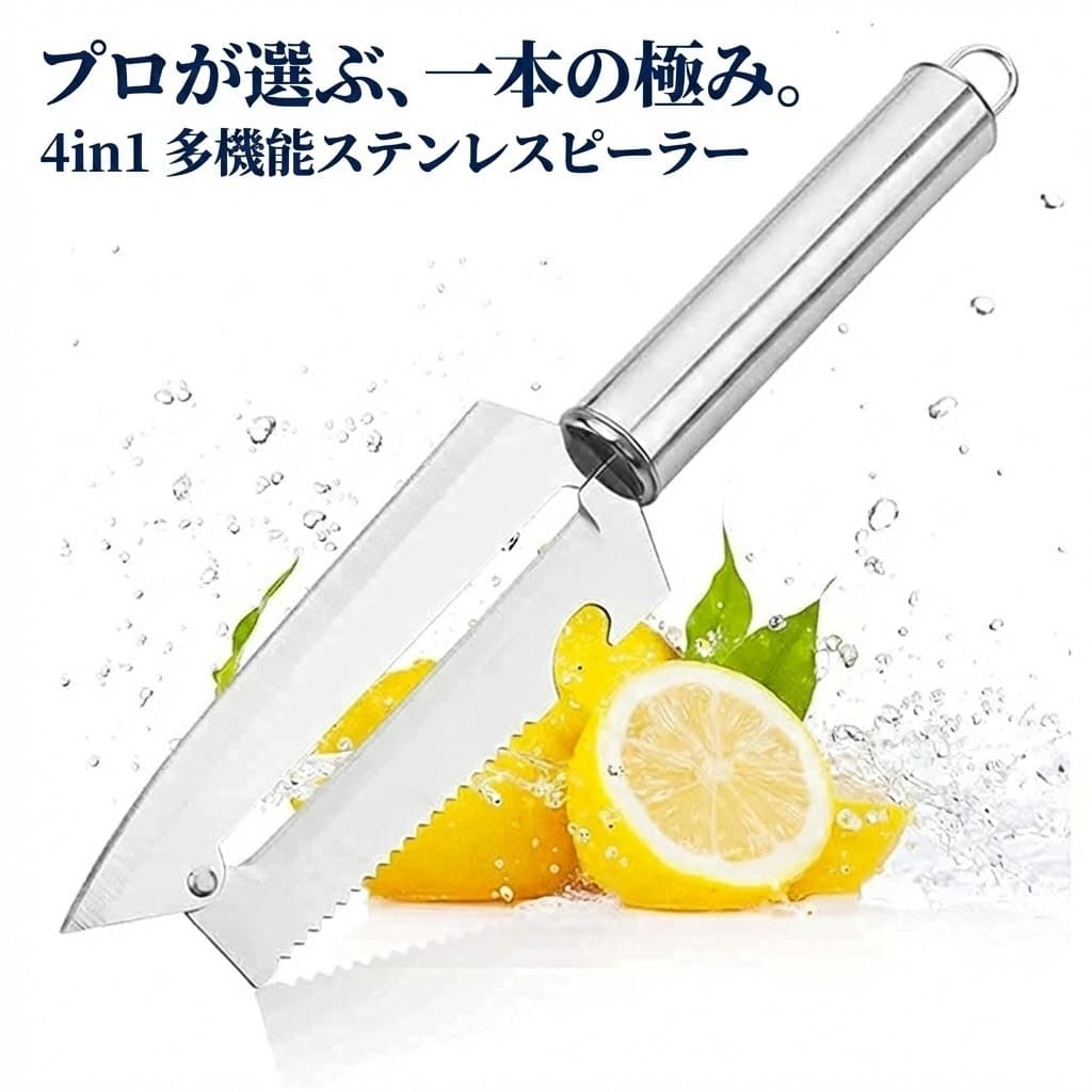 【 商 品 説 明 】 〇4in1で活躍 ピーラー、ナイフ、栓抜き、魚のうろこ取りと 様々な場面で活躍することができるスグレものです。【 商 品 仕 様 】 サ　イ　ズ：(約)22cm×3.7cm×1.8cm 重　　　さ：(約)40g 材　　　質：ステンレス【 注 意 事 項 】 〇ご使用の前に台所用中性洗剤などでよく洗ってください。 〇刃はたいへん鋭利になっております。 使用中や洗う際にはじゅうぶんご注意ください。 〇商品画像はイメージです。 　色形状等、商品画像とは一部相違ある場合がございます。 〇商品のデザイン・仕様は予告なく変更される場合がございます。 〇海外生産品なので、若干の汚れ・キズ等がある場合がございます。 〇これらの理由による返品・交換は 　お受けいたしかねますので、予めご了承下さい。 〇初期不良は交換いたします。 　メールもしくはサイトのお問い合わせフォームよりお申し出ください。 　商品到着後、1週間以内にご連絡下さい。 　それ以降ですと対応出来かねます。 〇発送時厚み制限の為、梱包時の緩衝材は使用しない場合がございます。 〇当商品をご利用いただいて生じた損害に対しては、 　当社は一切の責任を負いません、予めご了承下さい。