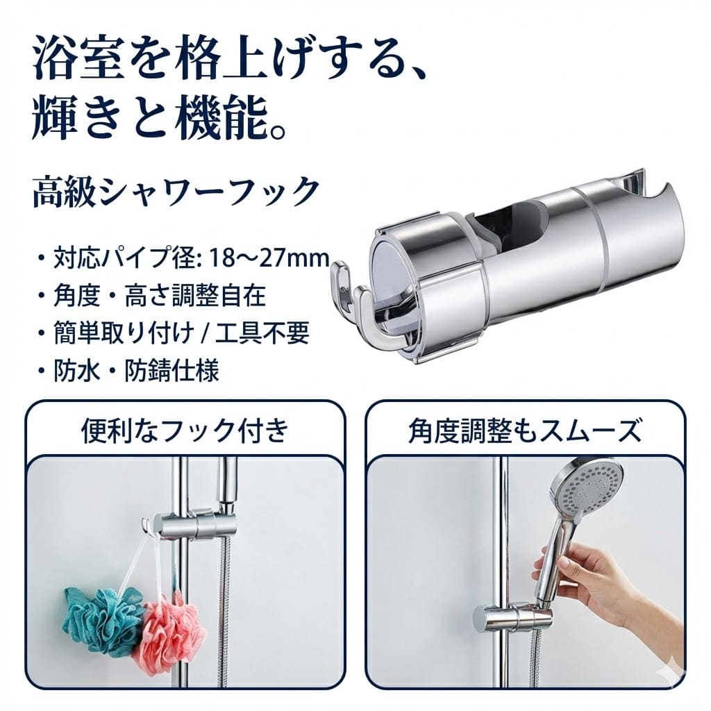 Rakuten - シャワーフック 16-27mm 交換 修理 角度調整 高さ調整 簡単取り付け 可動式 防水 防錆 シャワーホルダー シャワーハンガー 浴室 バス用品 風呂用品 高級感