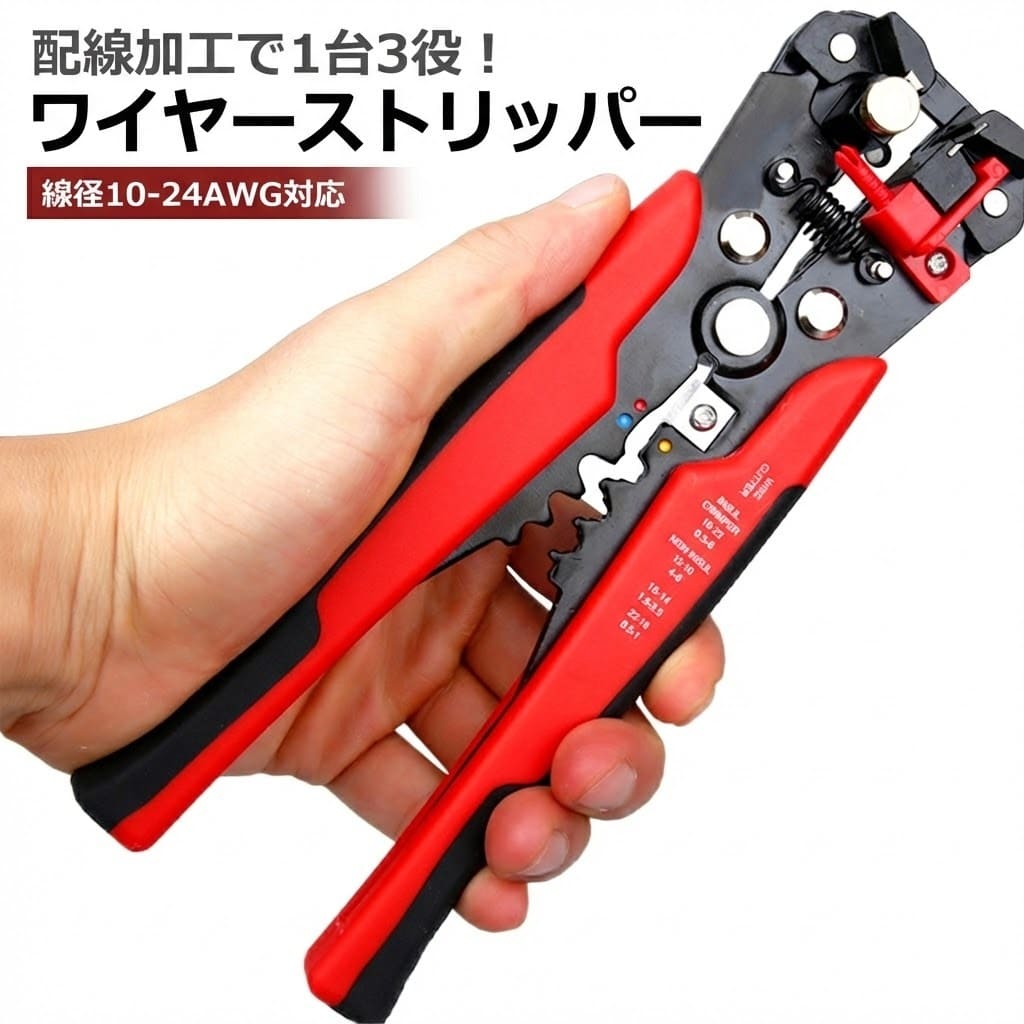 Rakuten - ワイヤーストリッパー オートマルチ 線径10-24AWG対応 多機能 皮剥ぎ 切断 圧着 加工 配線 自動 電線 コード 3-in-1 クリンパー カッター ツール 工具 万能