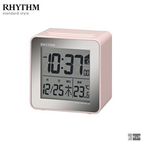 リズム時計工業 デジタル電波目覚まし時計 フィットウェーブ 8RZ158SR13 ピンク シンプル キューブ型 置き時計 リズム 電波 時計 カレンダー 温度 送料無料