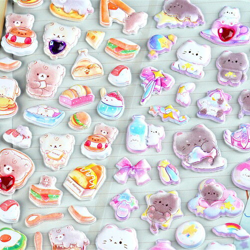 4種類 3Dシール きらかわ パステルカラー シール ストーン付き アニマル 立体 ぷにぷに ぷくぷく パン スイーツ 手帳 シール帳 シール交換 かわいい ぷっくり ご褒美 DIY スマホ デコ 文房具 小学生 女の子 プレゼント fankle-10004213 ふぁんくる サンプル画像2
